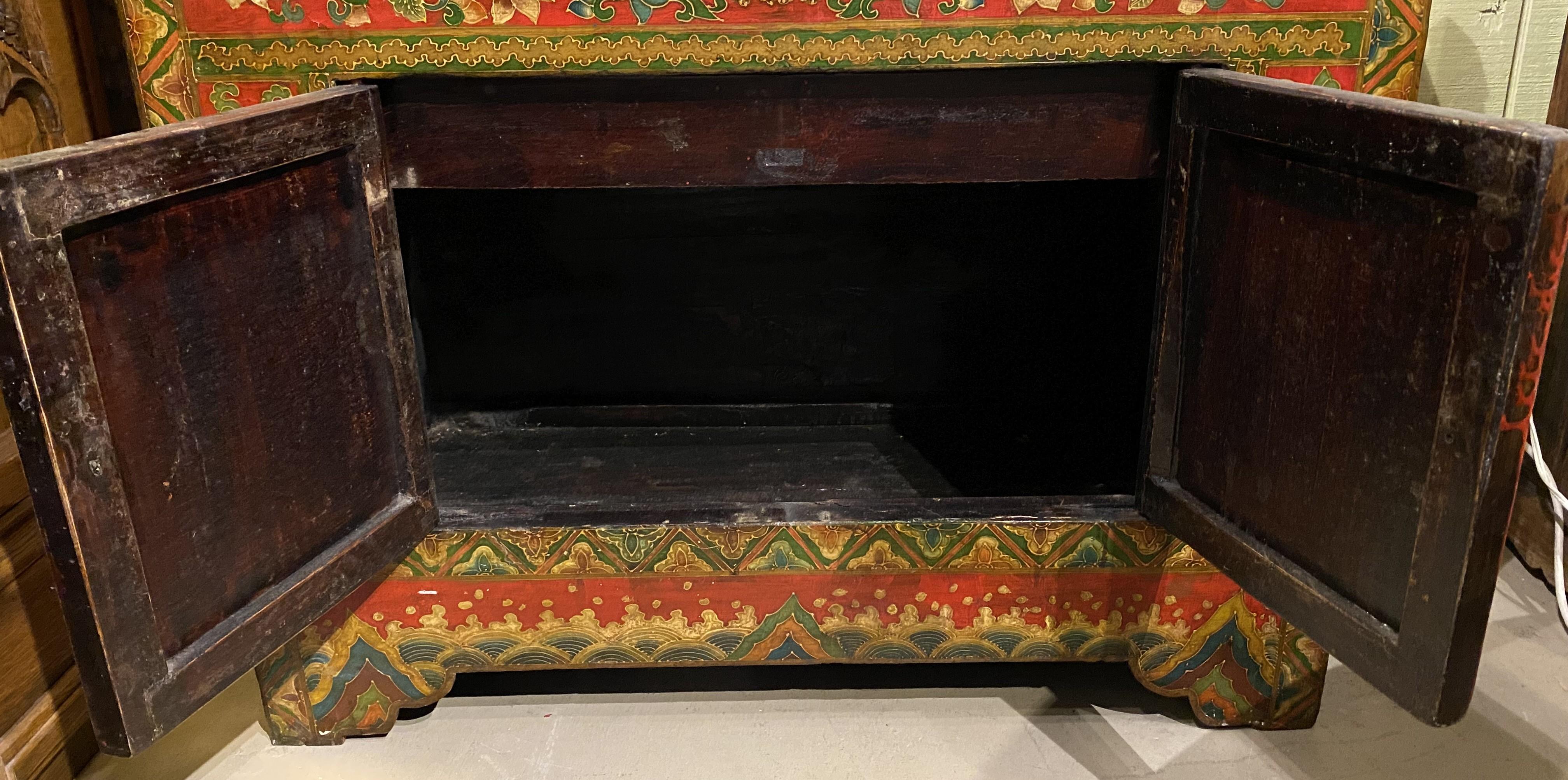 Chinese Paint Decorated Two Door Cabinet with Carved Gallery and Top Lid For Sale 1