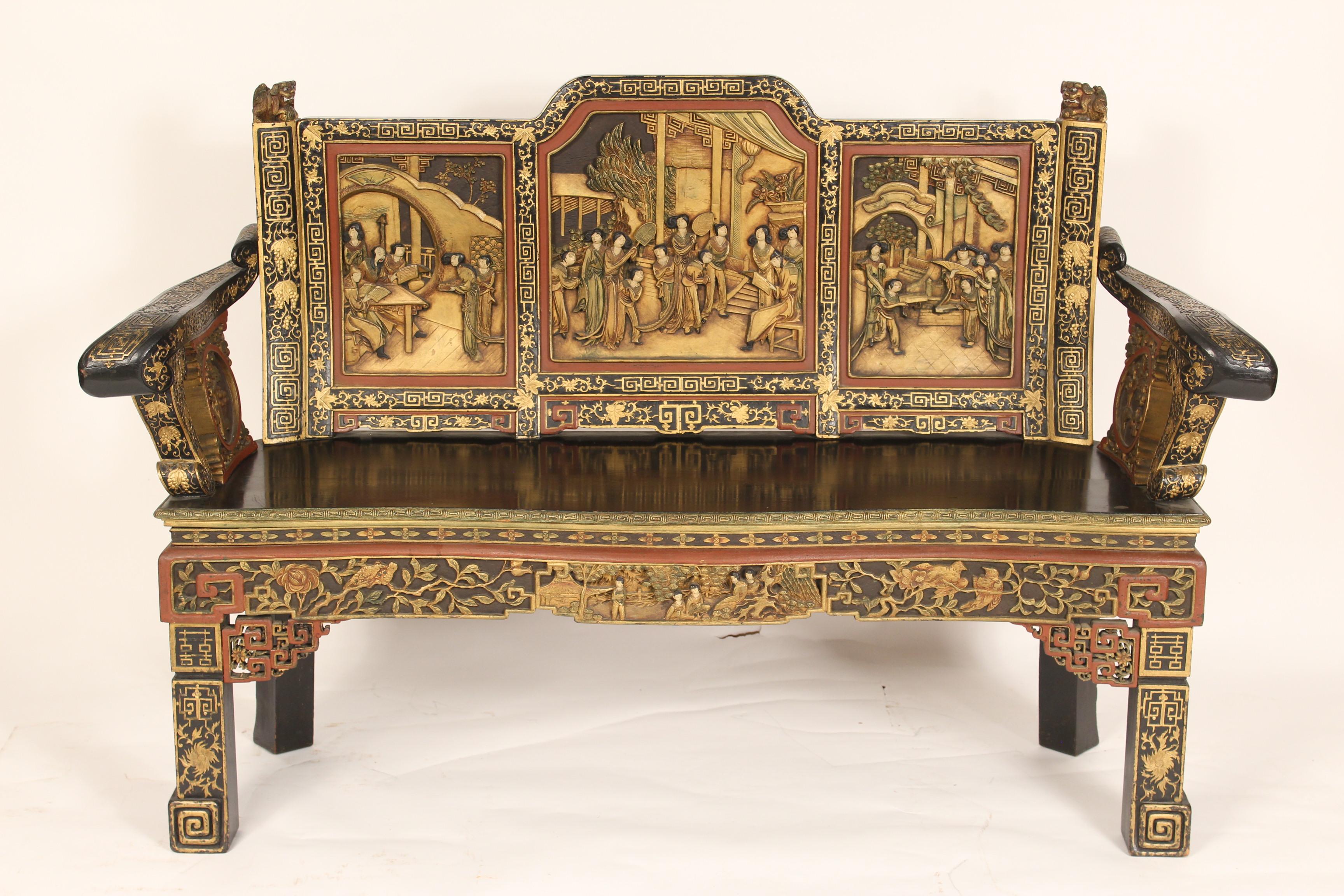 Chinese figural carved, painted and gilt decorated bench, mid 20th century.