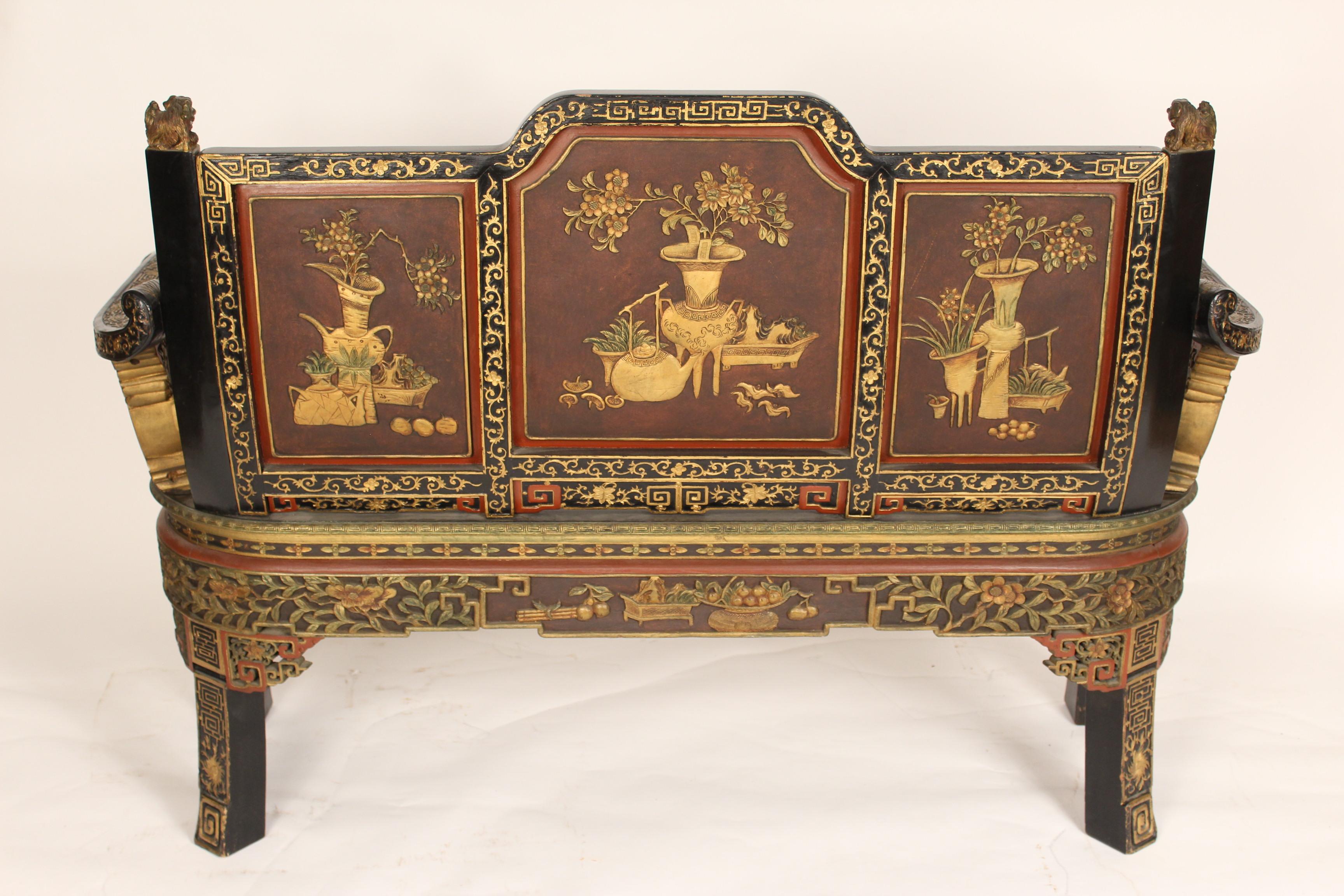 Chinese Painted and Gilt Decorated Bench In Good Condition For Sale In Laguna Beach, CA