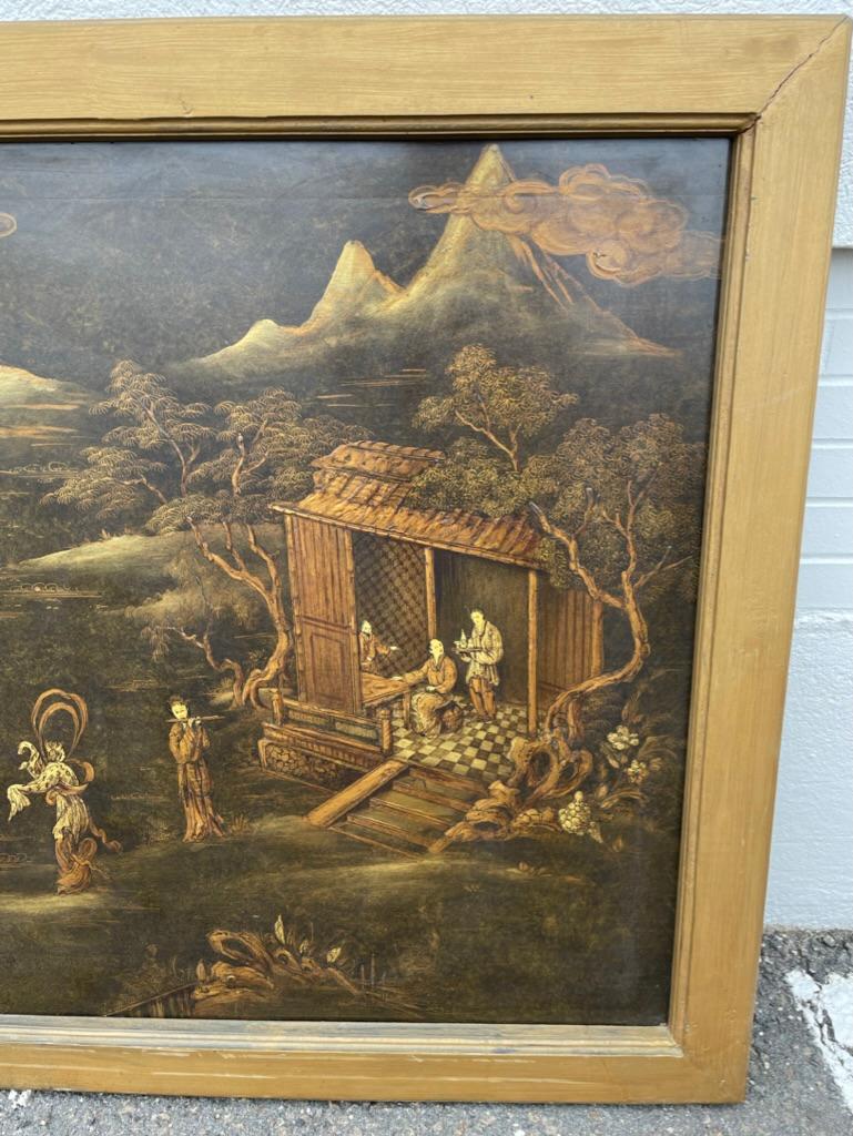 Chinese Export Chinese Painted and Lacquered Panel Landscape with Figures, Large Scale 
