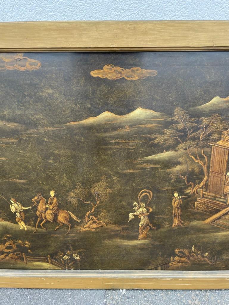 20th Century Chinese Painted and Lacquered Panel Landscape with Figures, Large Scale 
