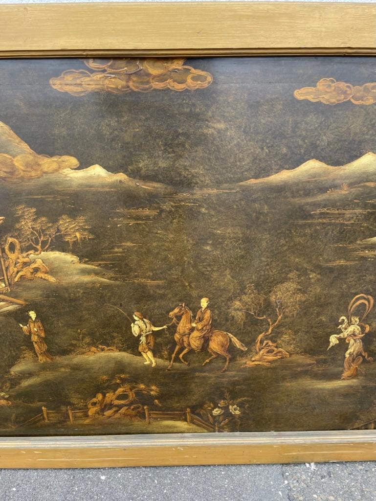 Wood Chinese Painted and Lacquered Panel Landscape with Figures, Large Scale
