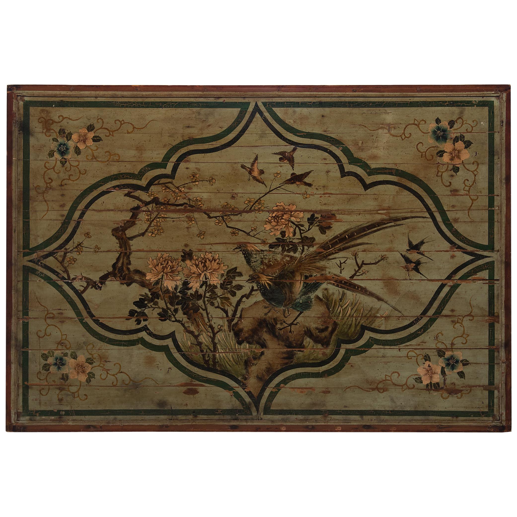 Chinese Peony and Pheasant Canopy Painting, circa 1850 For Sale
