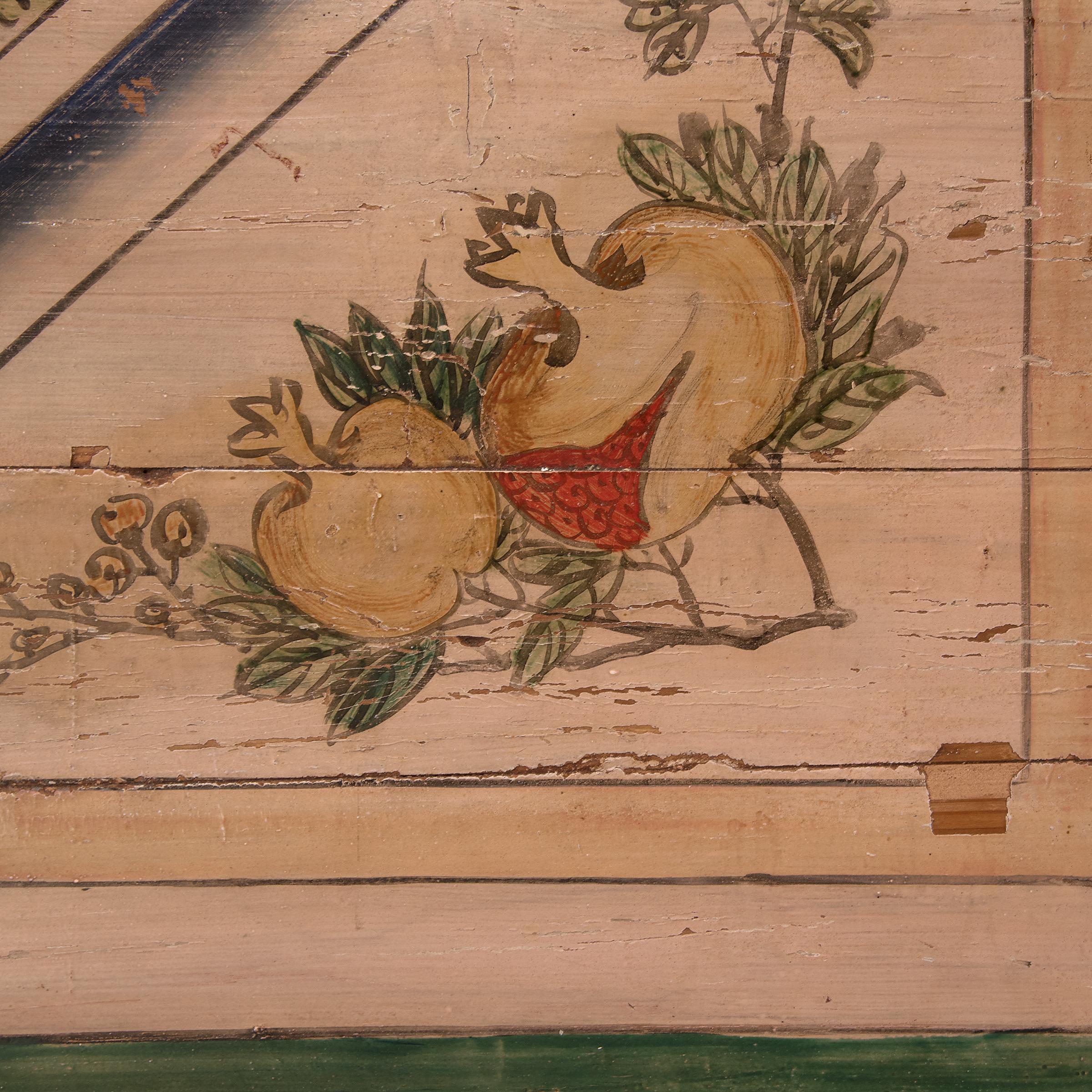 Hand-Painted Chinese Phoenix and Auspicious Fruit Canopy Painting, circa 1850 For Sale