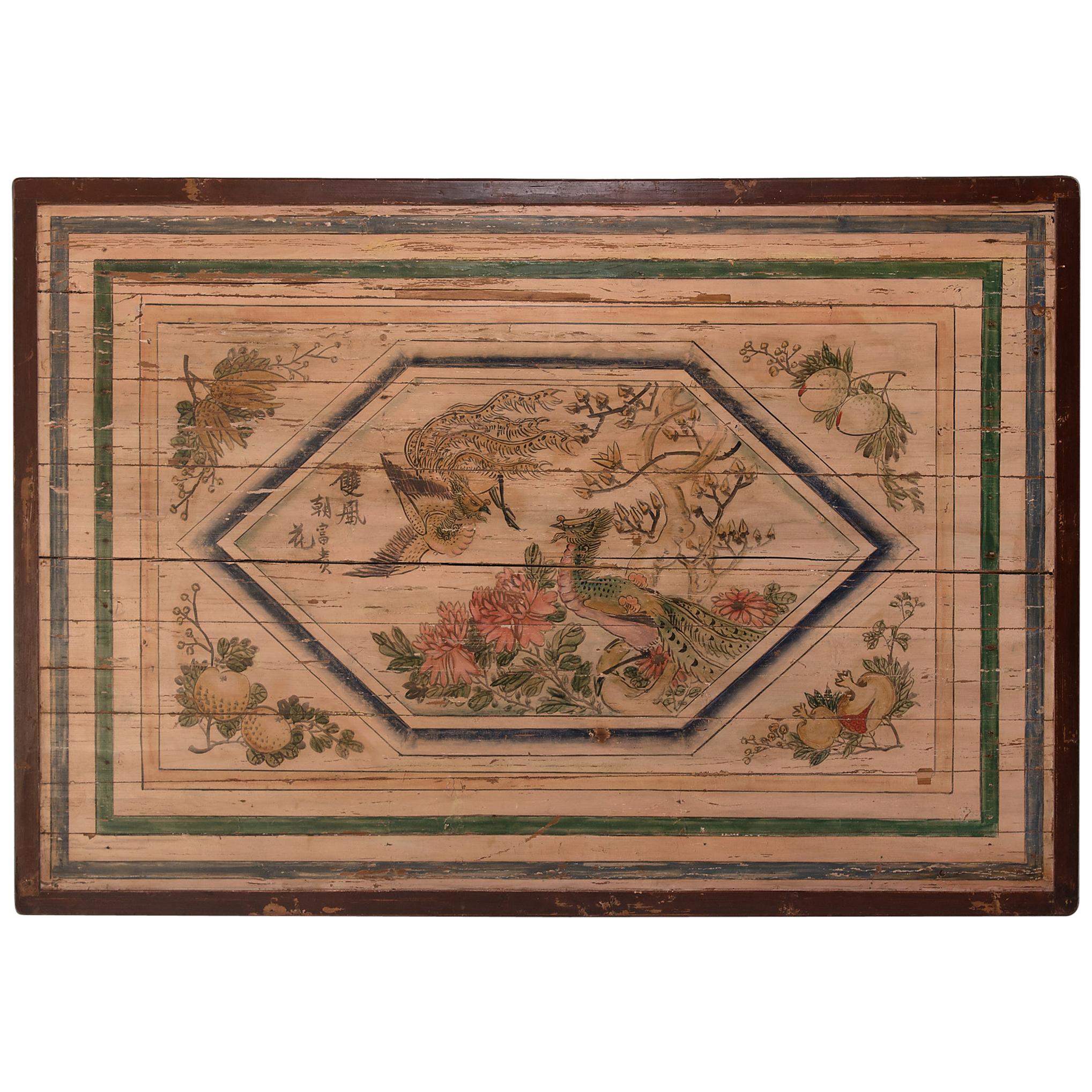 Chinese Phoenix and Auspicious Fruit Canopy Painting, circa 1850 For Sale