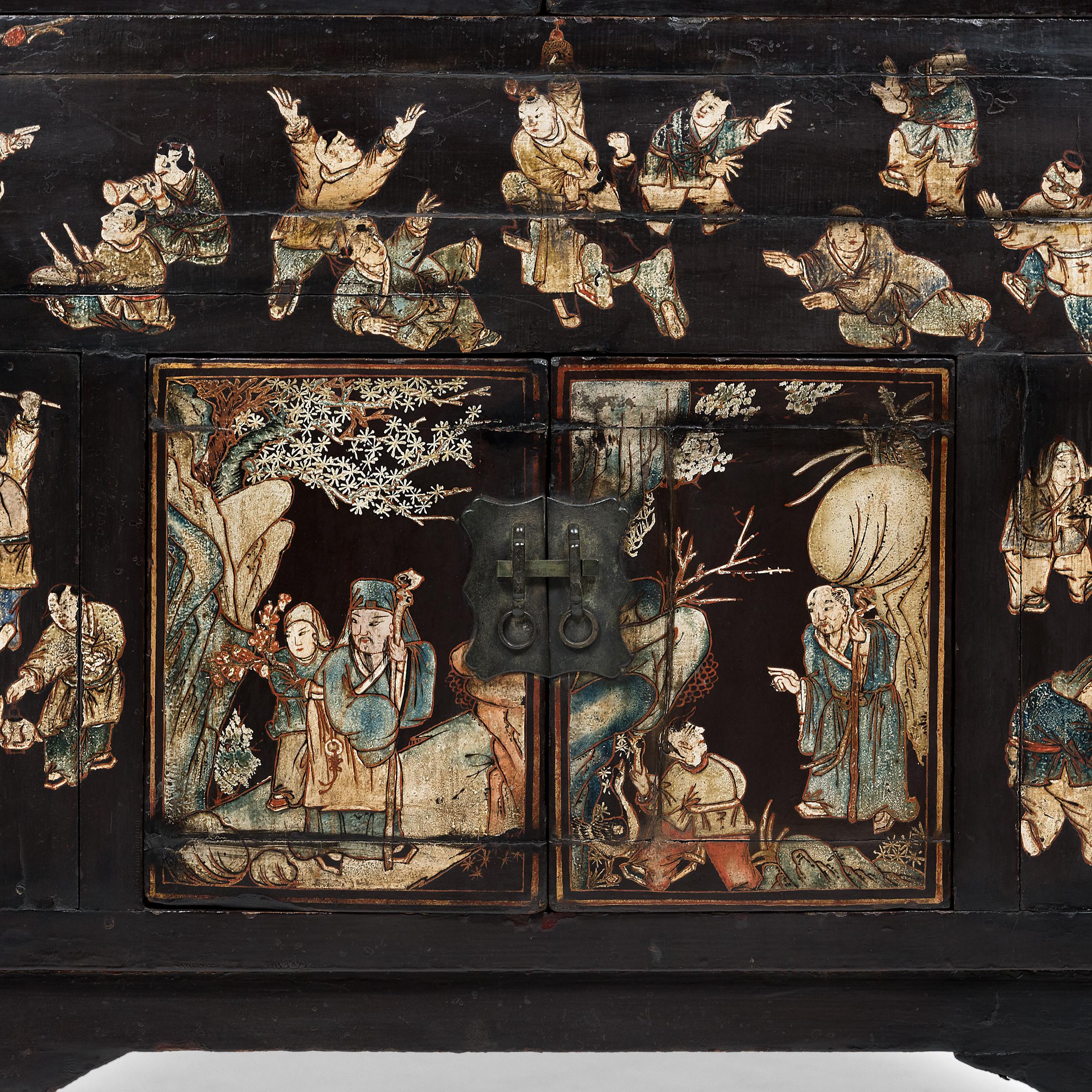 Chinese Painted Black Lacquer Scholars' Cabinet, c. 1800 For Sale 5