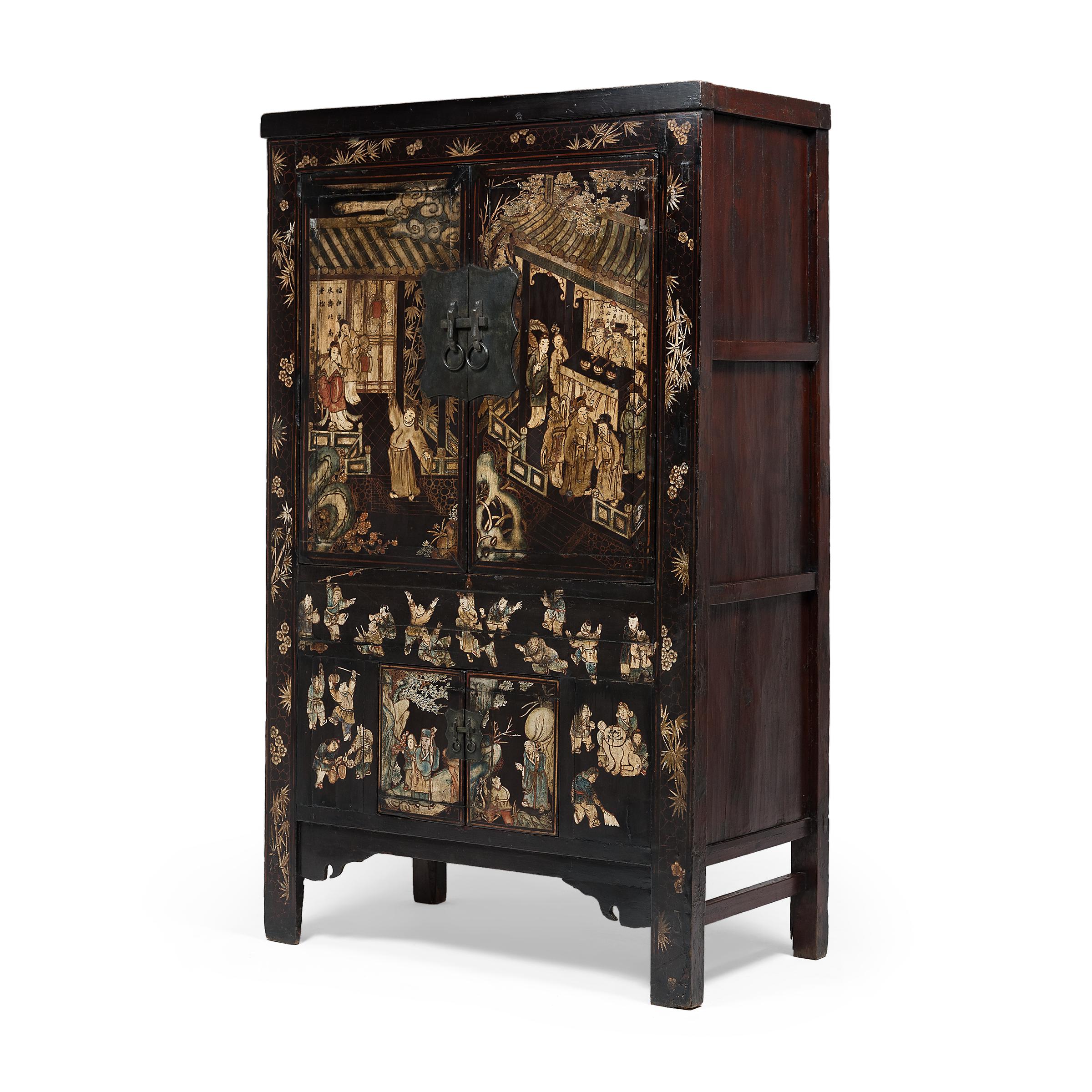 Qing Chinese Painted Black Lacquer Scholars' Cabinet, c. 1800 For Sale