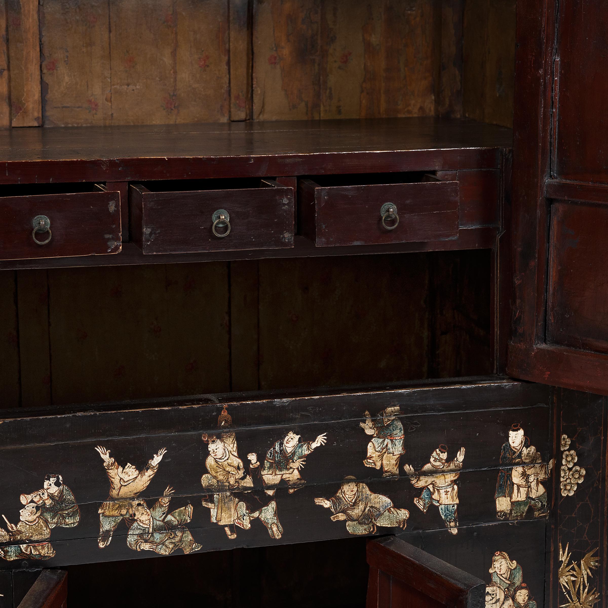 Elm Chinese Painted Black Lacquer Scholars' Cabinet, c. 1800 For Sale