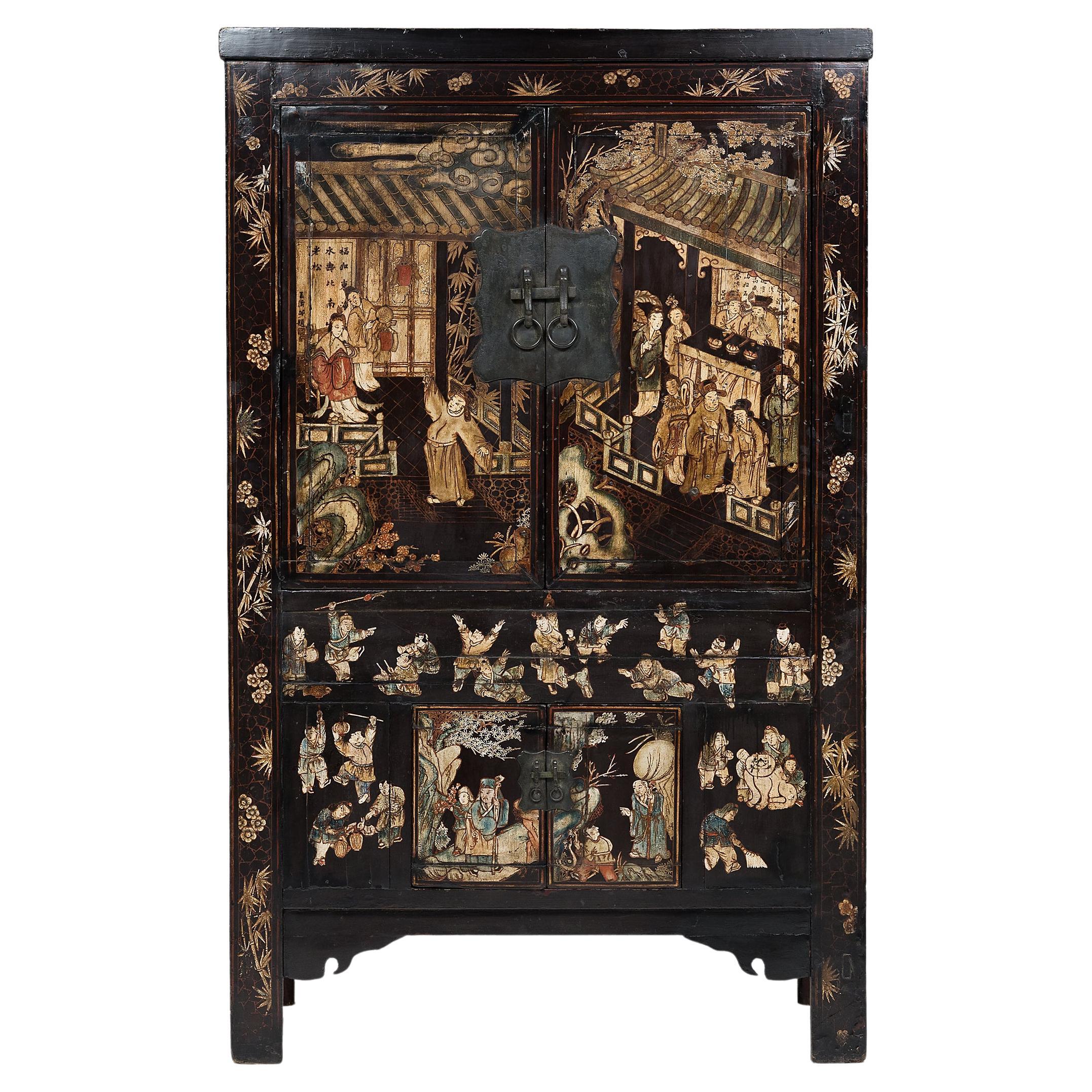 Chinese Painted Black Lacquer Scholars' Cabinet, c. 1800 For Sale