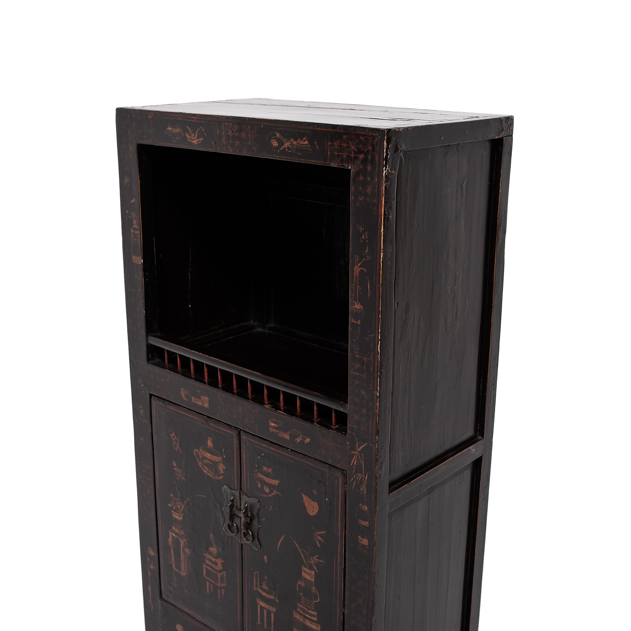 Lacquered Chinese Painted Book Cabinet, c. 1850 For Sale