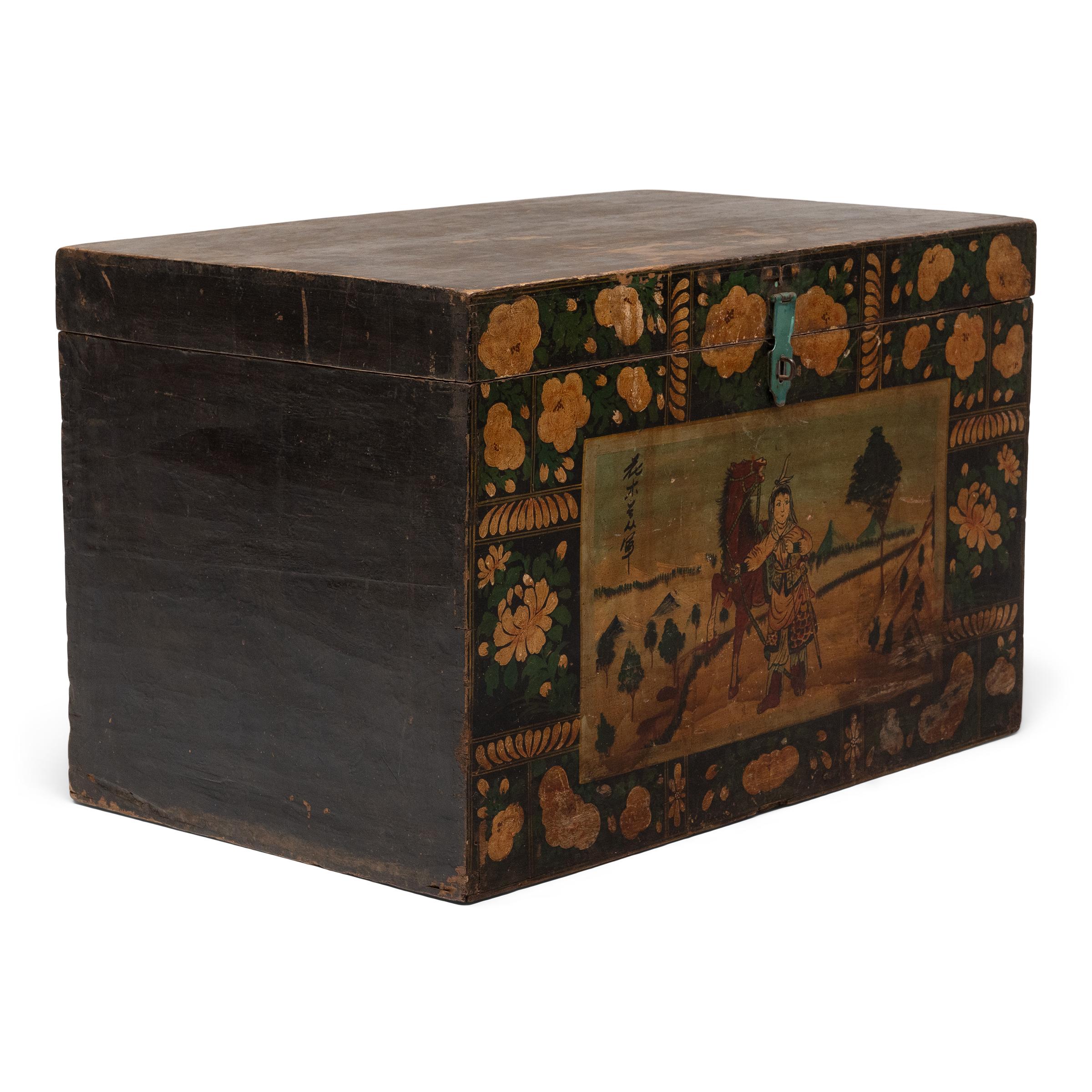 Laccato Baule popolare cinese dipinto, 1900 ca. in vendita