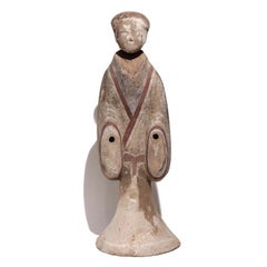 Chinese Painted Grey Earthenware Standing Female Figure, Western Han Dynasty