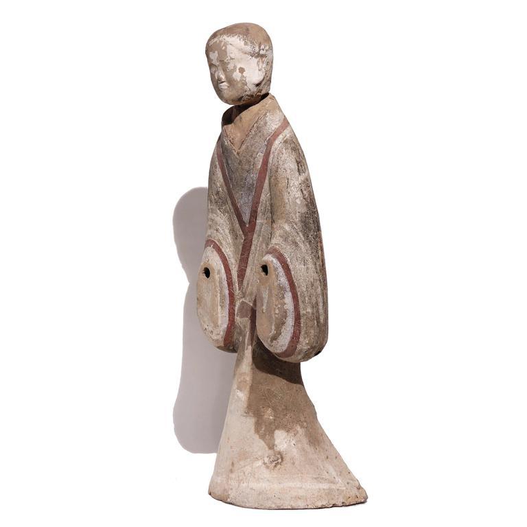 Hand-Painted Chinese Painted Grey Earthenware Standing Female Figure, Western Han Dynasty For Sale