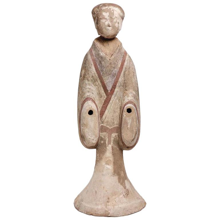Chinese Painted Grey Earthenware Standing Female Figure, Western Han Dynasty For Sale