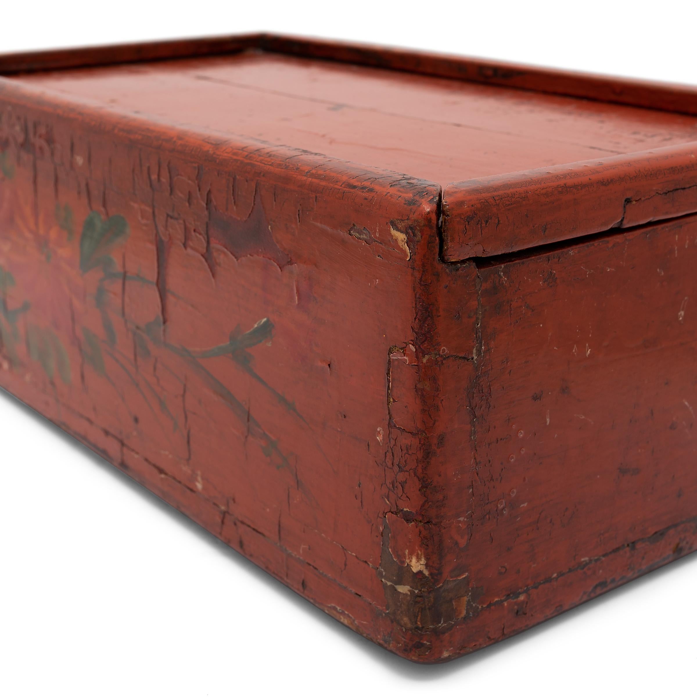 19th Century Chinese Painted Orange Lacquer Box, c. 1850