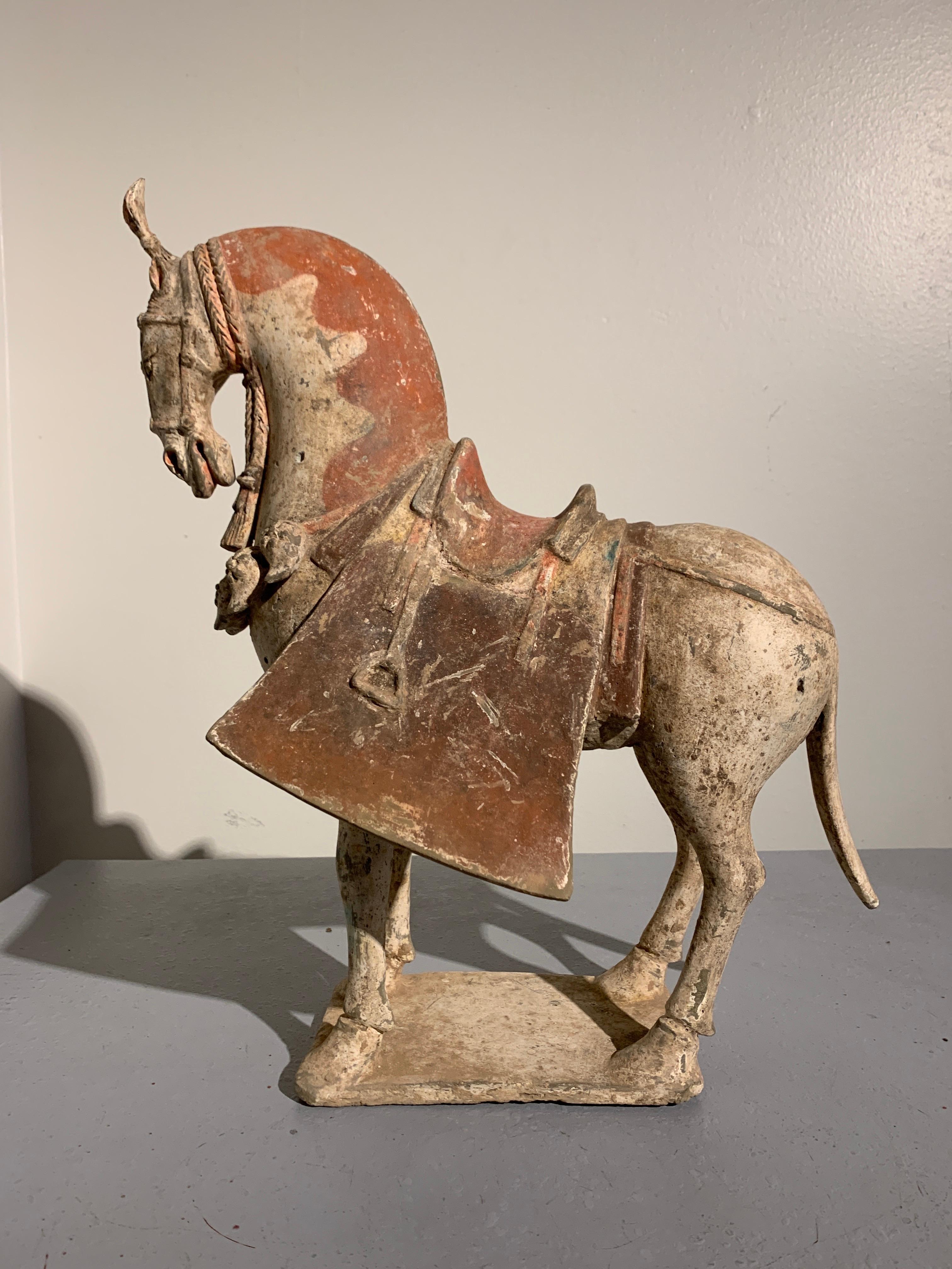 A magnificent and rare painted pottery model of a caparisoned horse, Northern Wei Dynasty (386 to 534), 5th-6th century, China. 

The noble beast is portrayed standing foursquare upon a rectangular plinth, looking downwards, its long, thick neck