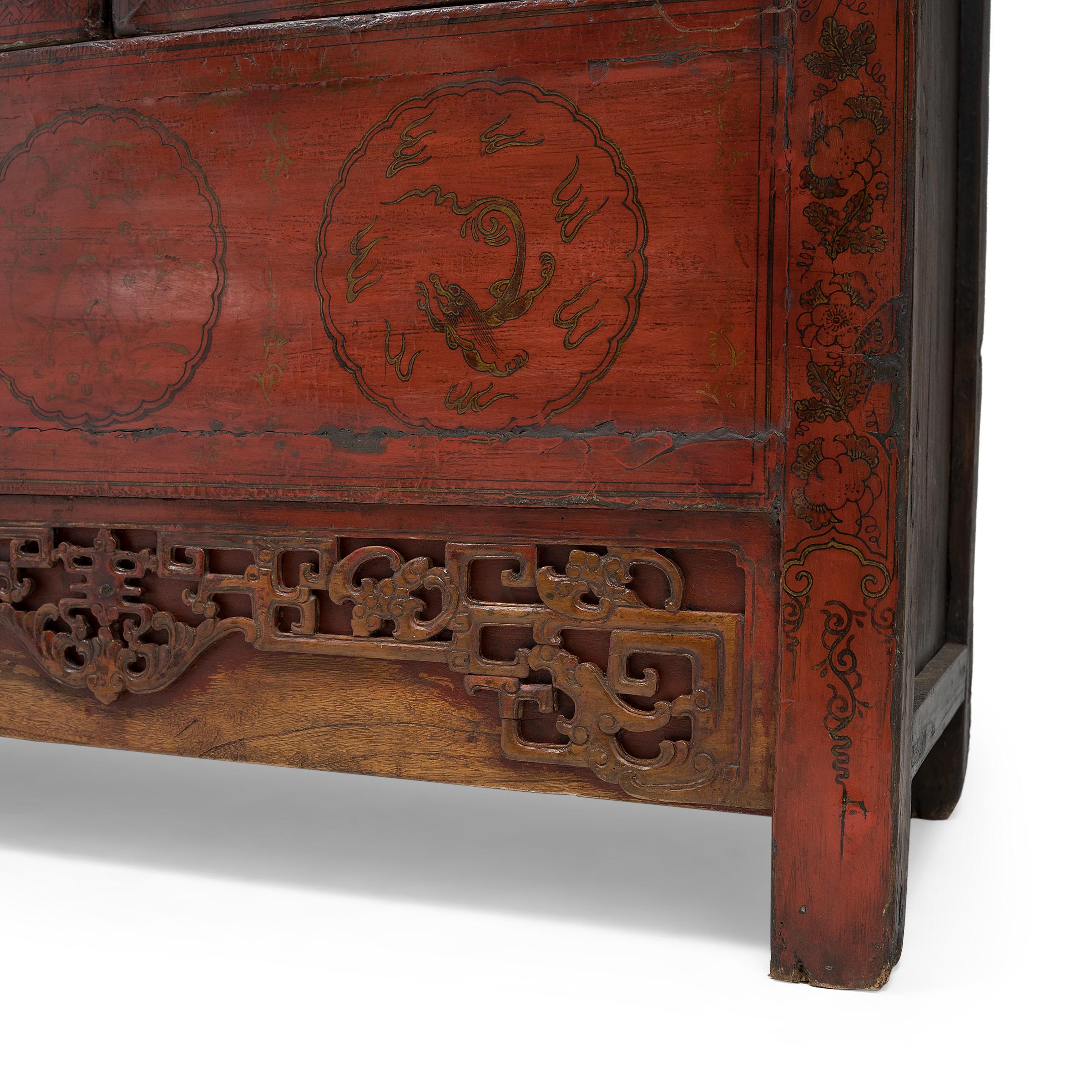 Chinese Painted Red Lacquer Cabinet, c. 1900 In Good Condition For Sale In Chicago, IL