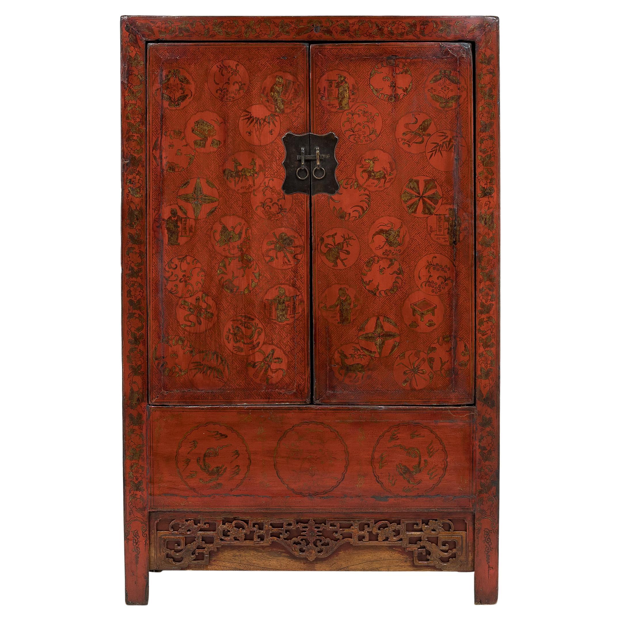 Chinese Painted Red Lacquer Cabinet, c. 1900 For Sale