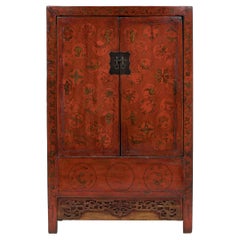 Used Chinese Painted Red Lacquer Cabinet, c. 1900