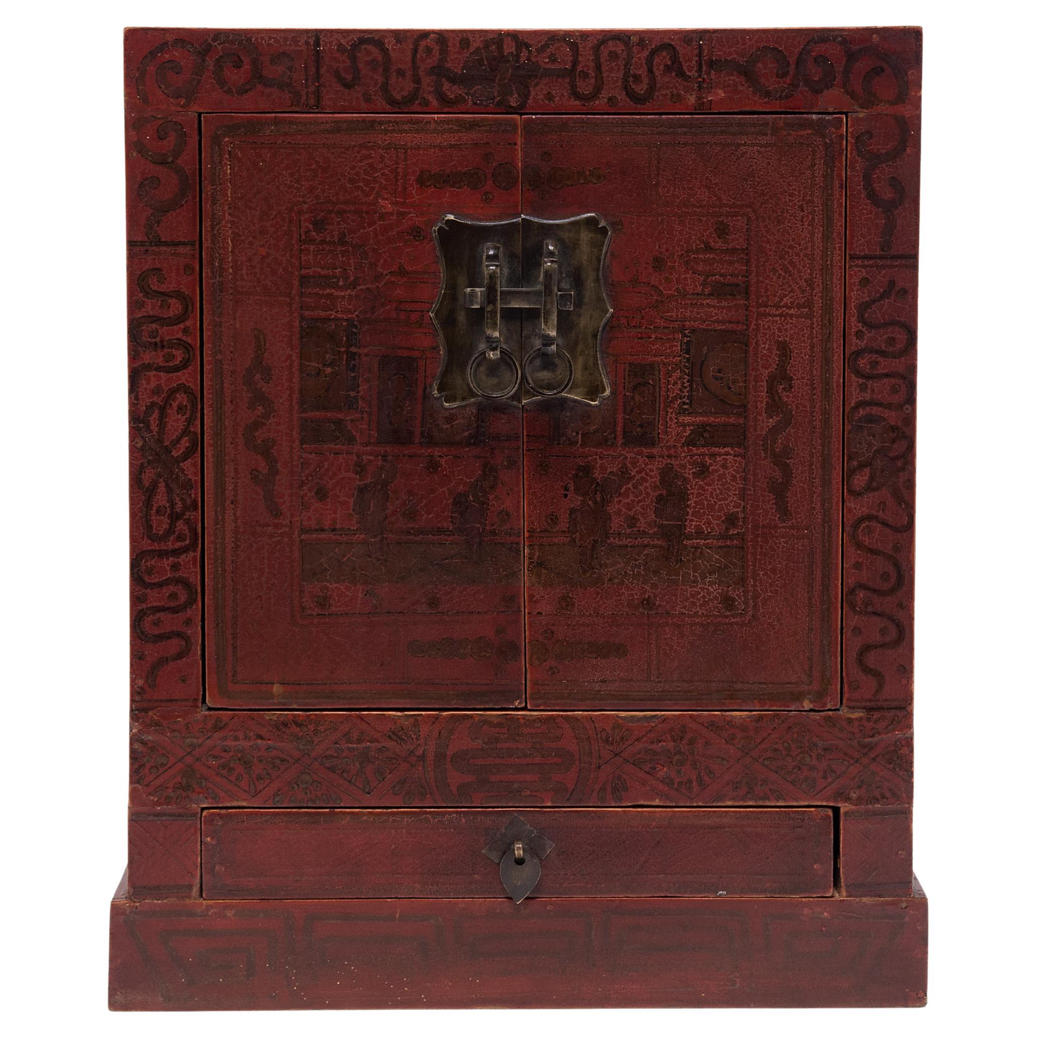 Chinese Painted Red Lacquer Shrine Box, c. 1900