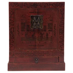 Chinese Painted Red Lacquer Shrine Box, c. 1900