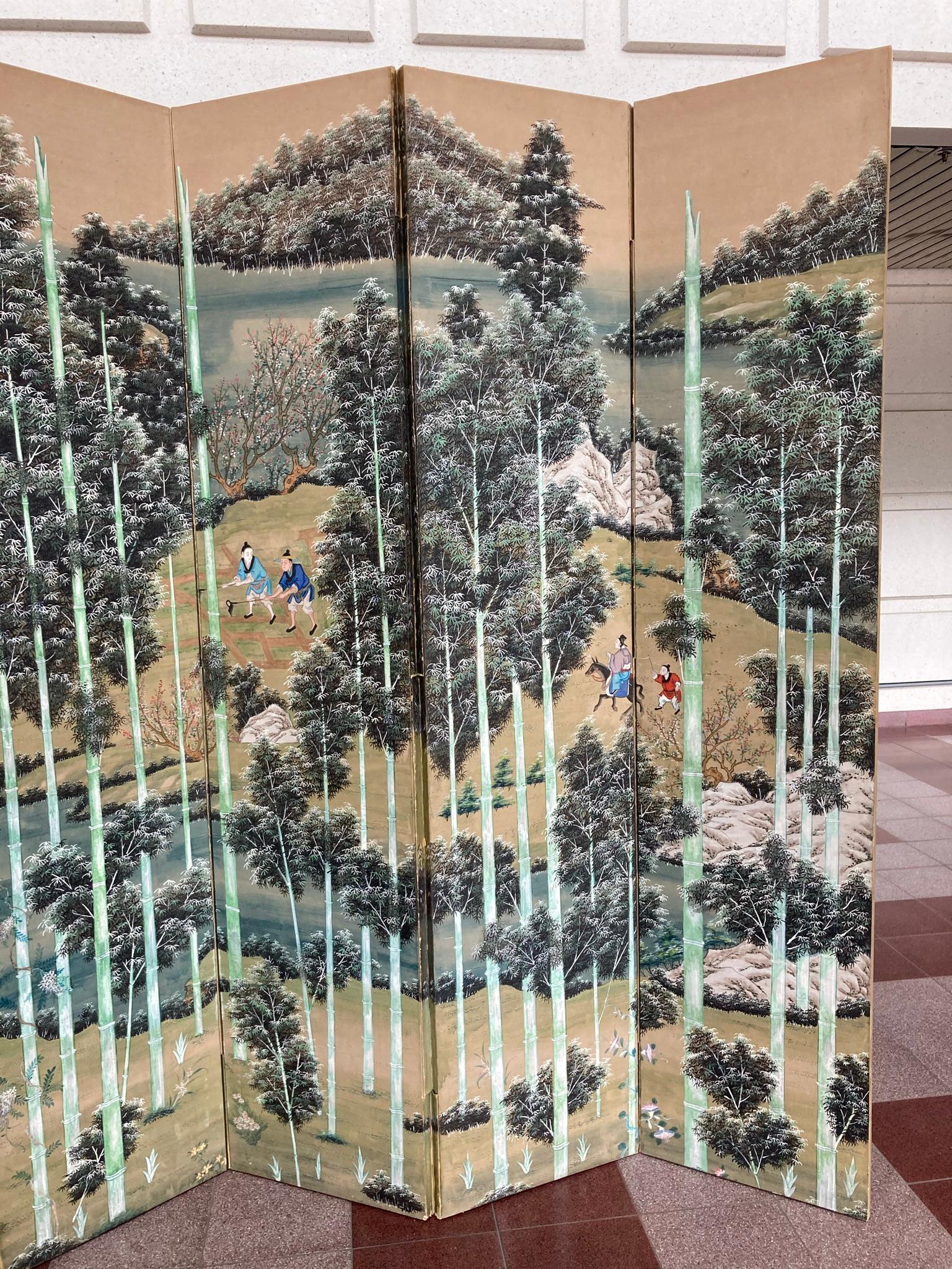 Chinese Export Chinese Painted Screen with Bamboo Forest and Figures, Large Scale