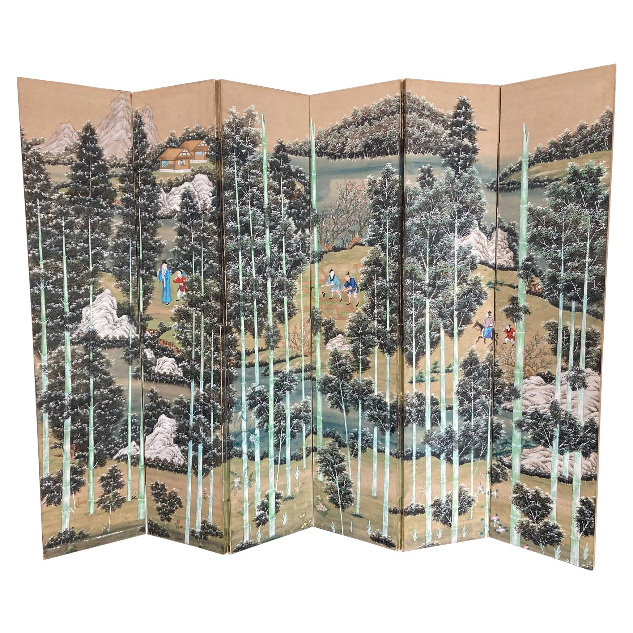 Chinese Painted Screen with Bamboo Forest and Figures, Large Scale