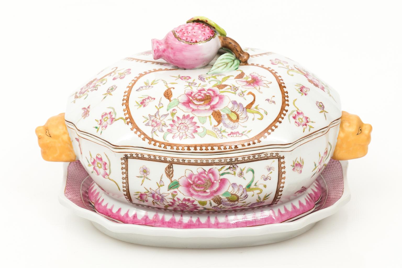 Chinese painted tureens with matching under plates featuring peonies and butterflies, circa early 20th century.