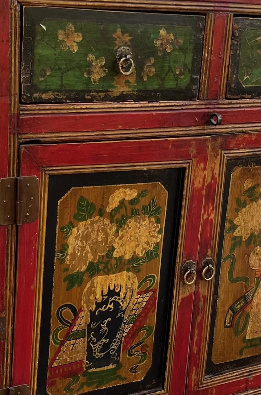 Hand-Painted Chinese Painted Vintage Elm Hall Cabinet. For Sale
