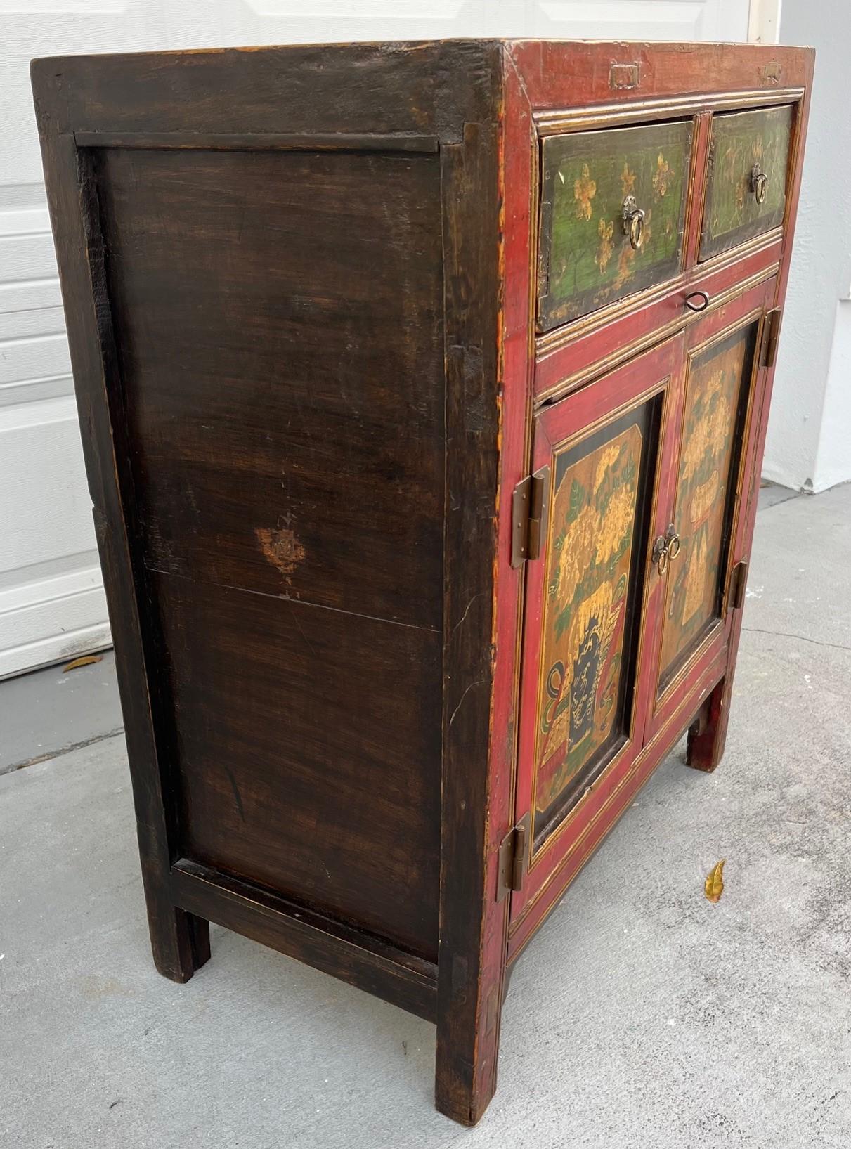 Chinese Painted Vintage Elm Hall Cabinet. In Good Condition For Sale In Vero Beach, FL