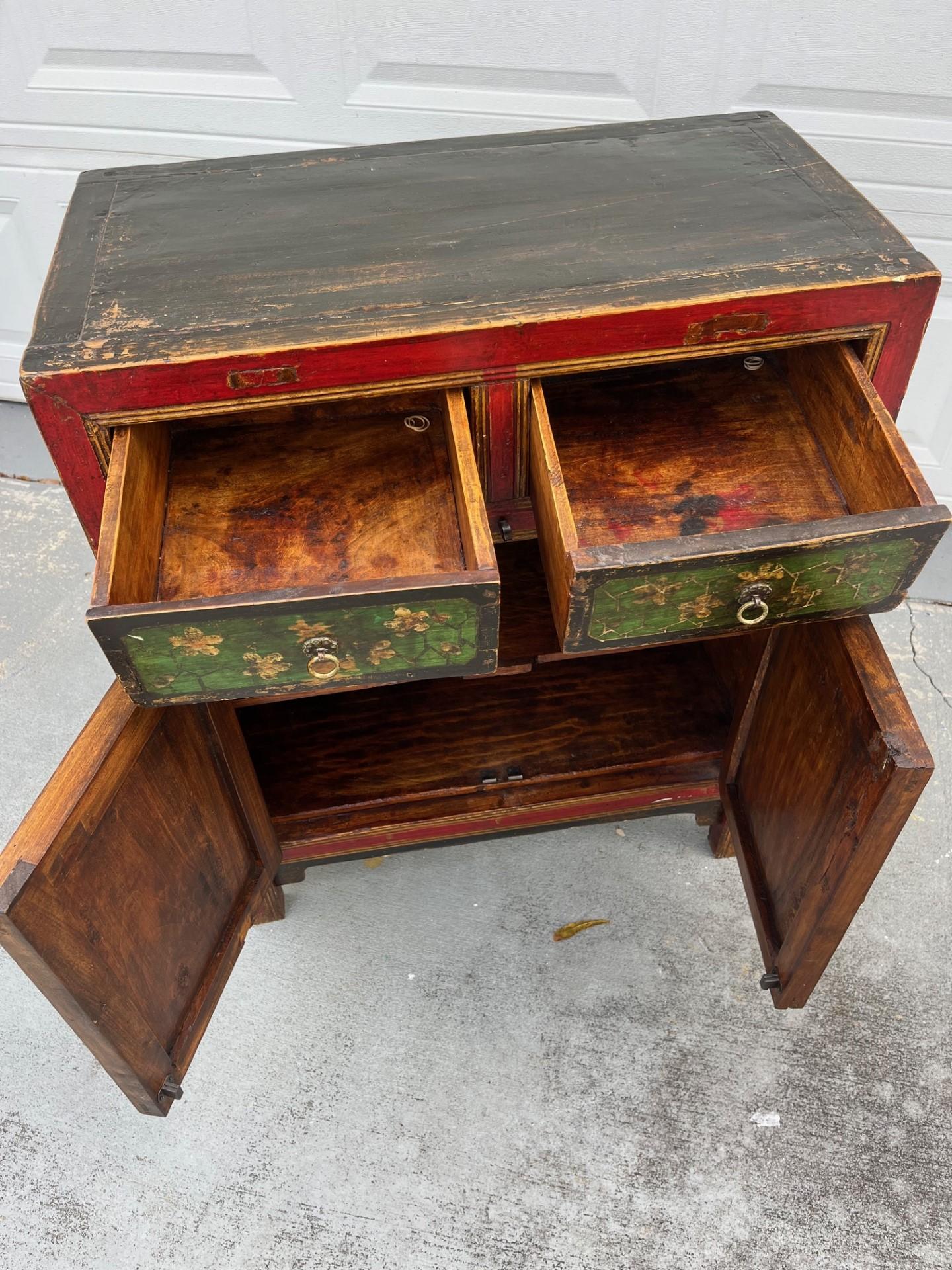 Chinese Painted Vintage Elm Hall Cabinet. For Sale 1