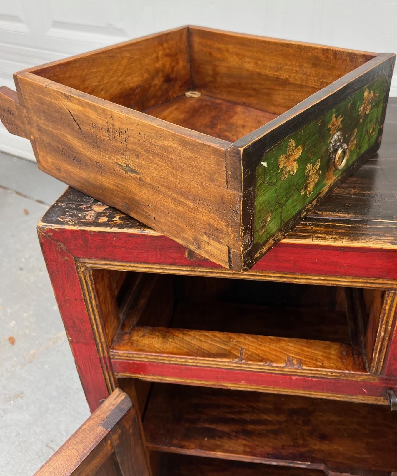 Chinese Painted Vintage Elm Hall Cabinet. For Sale 2