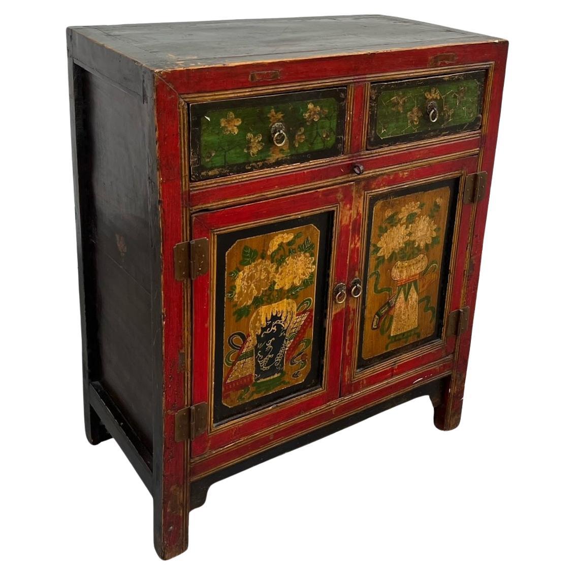 Chinese Painted Vintage Elm Hall Cabinet. For Sale