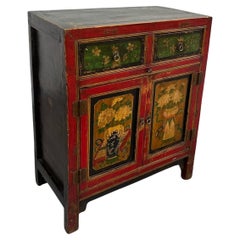 Chinese Painted Vintage Elm Hall Cabinet.