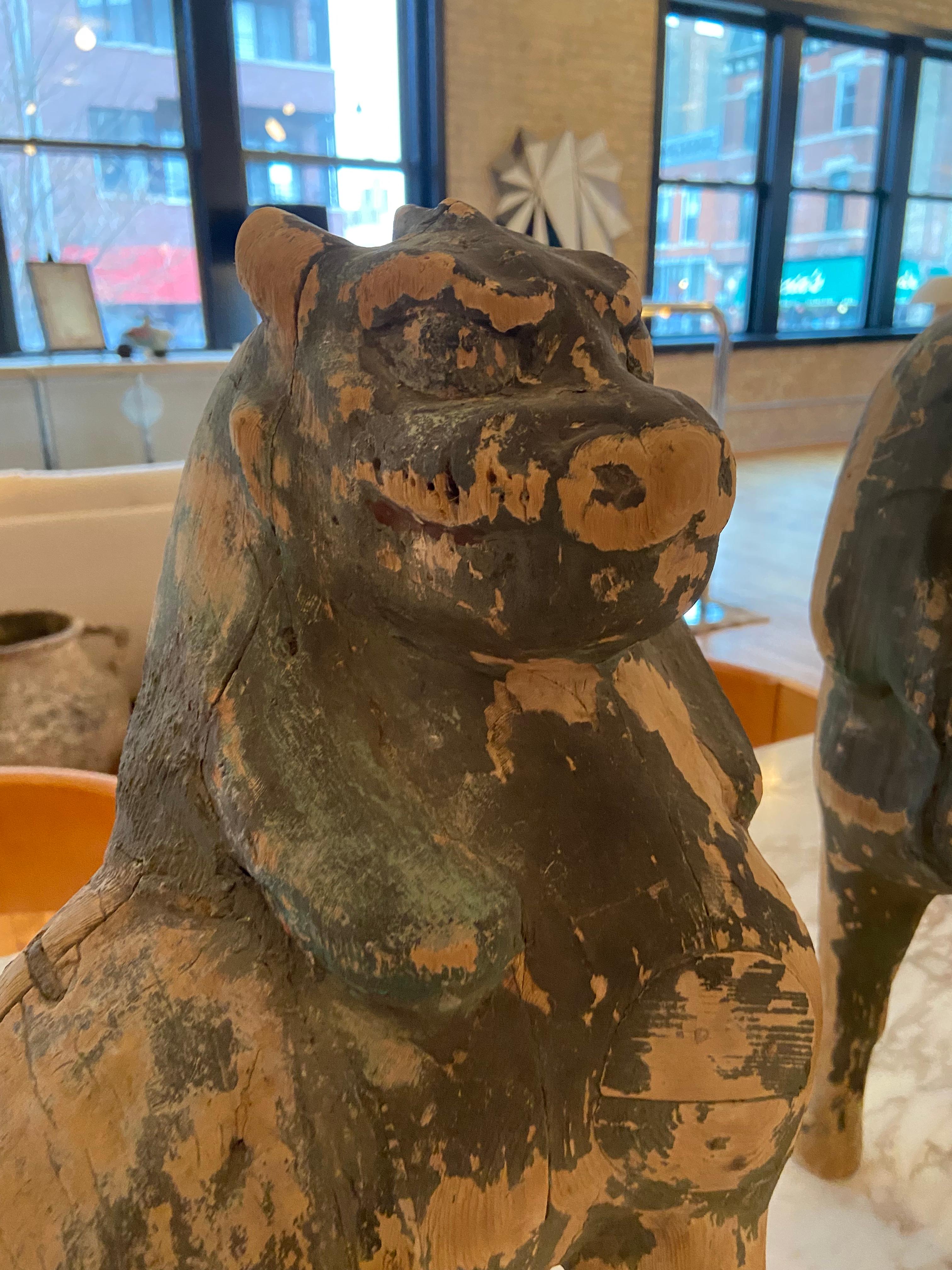 Unknown Chinese Painted Wood Foo Lion Guardians Circa 19th Century For Sale