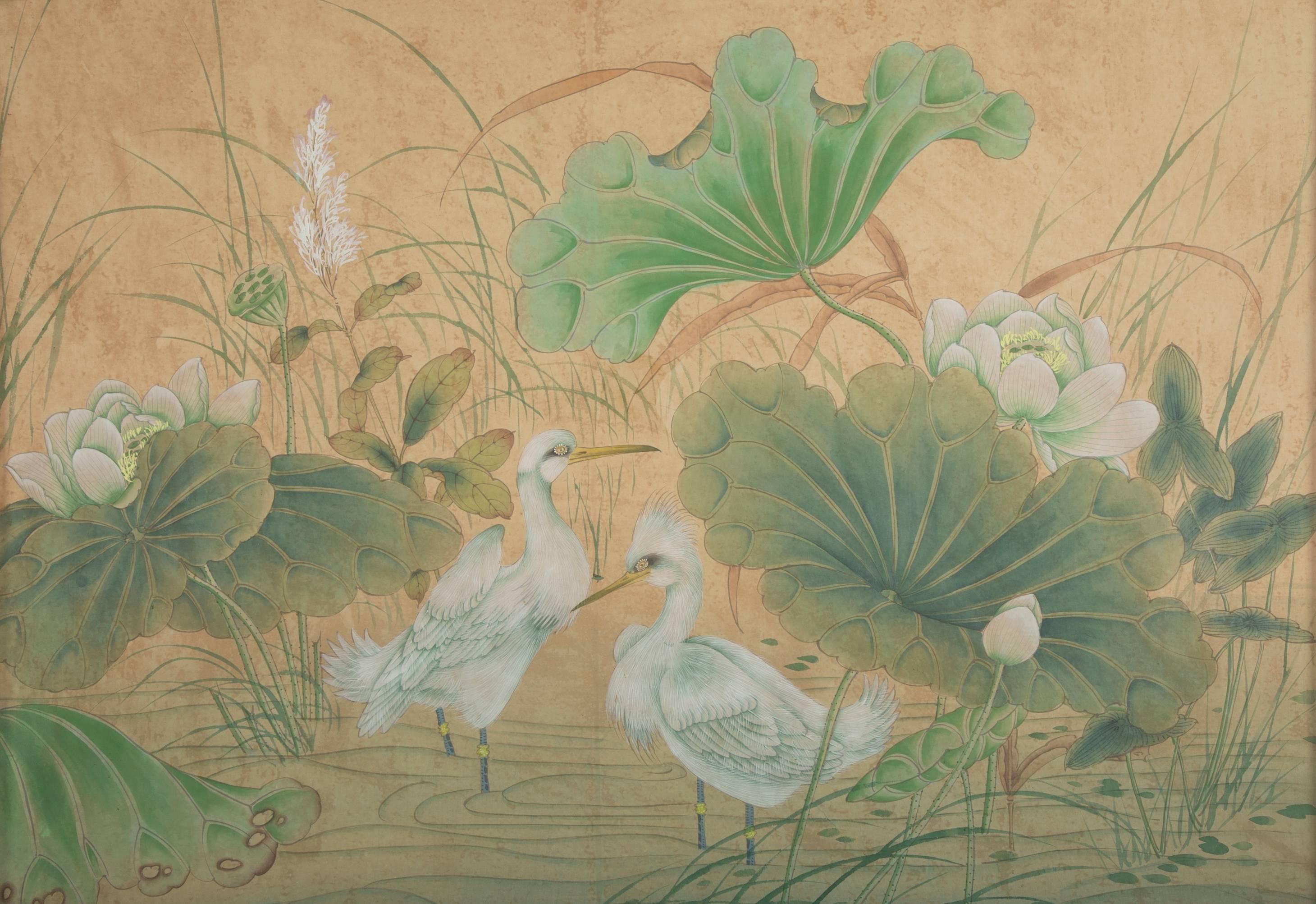 A large-scale and highly decorative Chinese tempera painting depicting two white egrets in water among beautiful lotus leaves and flowers. The subtle coloring the artist used convey a sense of serenity. A perfect addition to any room of the house,