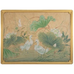 Vintage Chinese Painting of Egrets and Lotus Flowers, Large-Scale