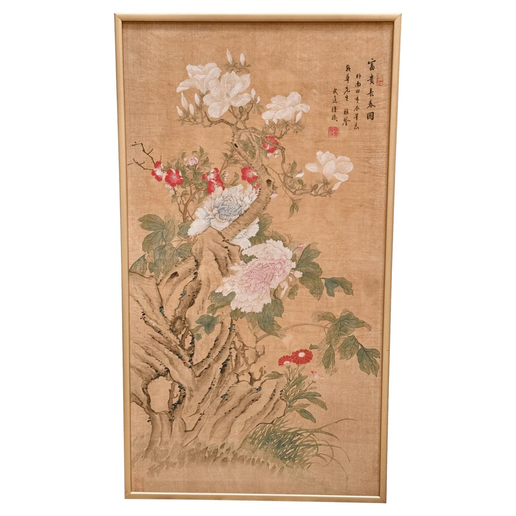 Chinese Painting of Flowers on Silk Attrib. Lu Ji For Sale