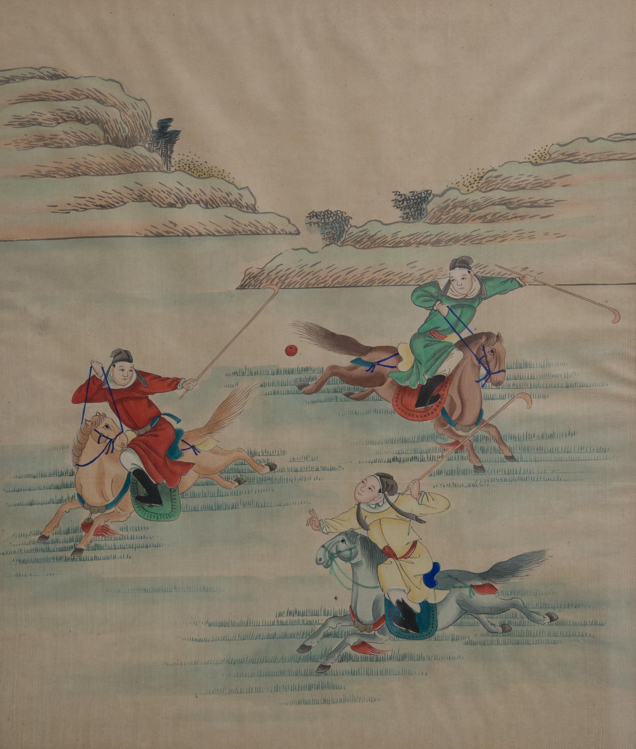 Offered is a large 19th century gouache painting on fabric of Chinese horsemen competing at polo. Polo likely travelled via the Silk Road to China from Persia where it was popular in the Chinese Tang dynasty capital of Chang'an, and also played by