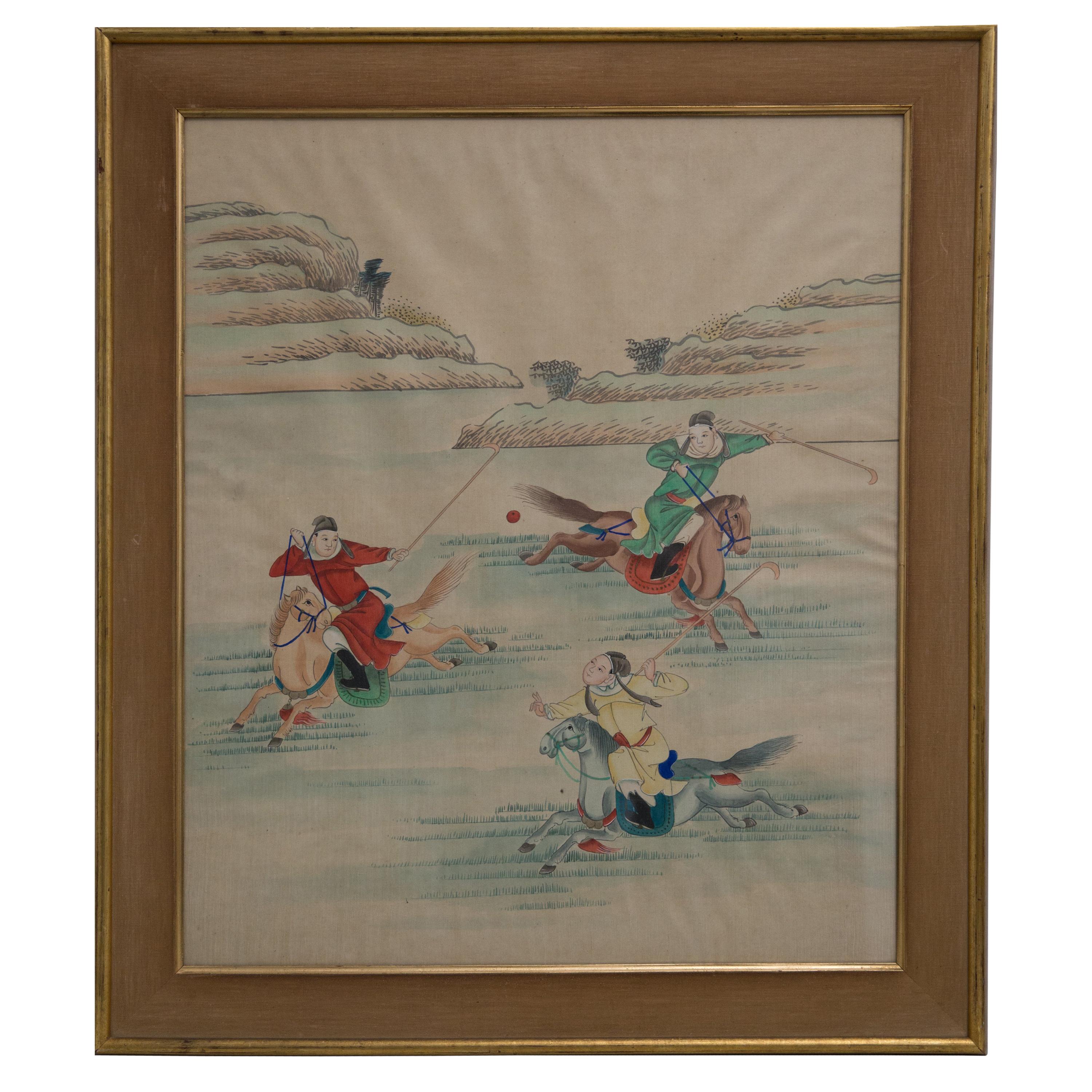 Chinese Painting on Fabric of Horsemen Playing Polo, circa 1880