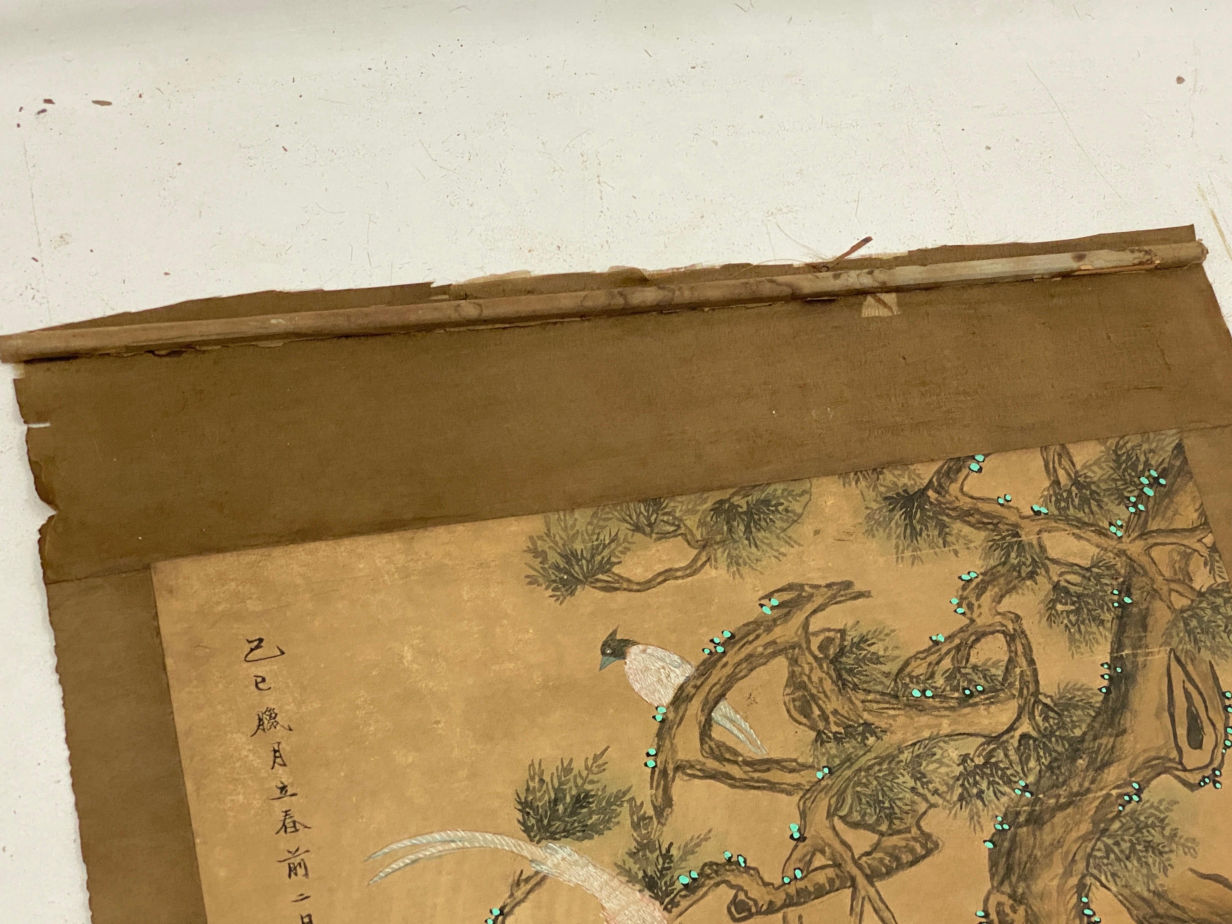 Exportation chinoise Peinture chinoise sur papier rouleau, Chine, 19e siècle, décor d'oiseaux et de nature en vente