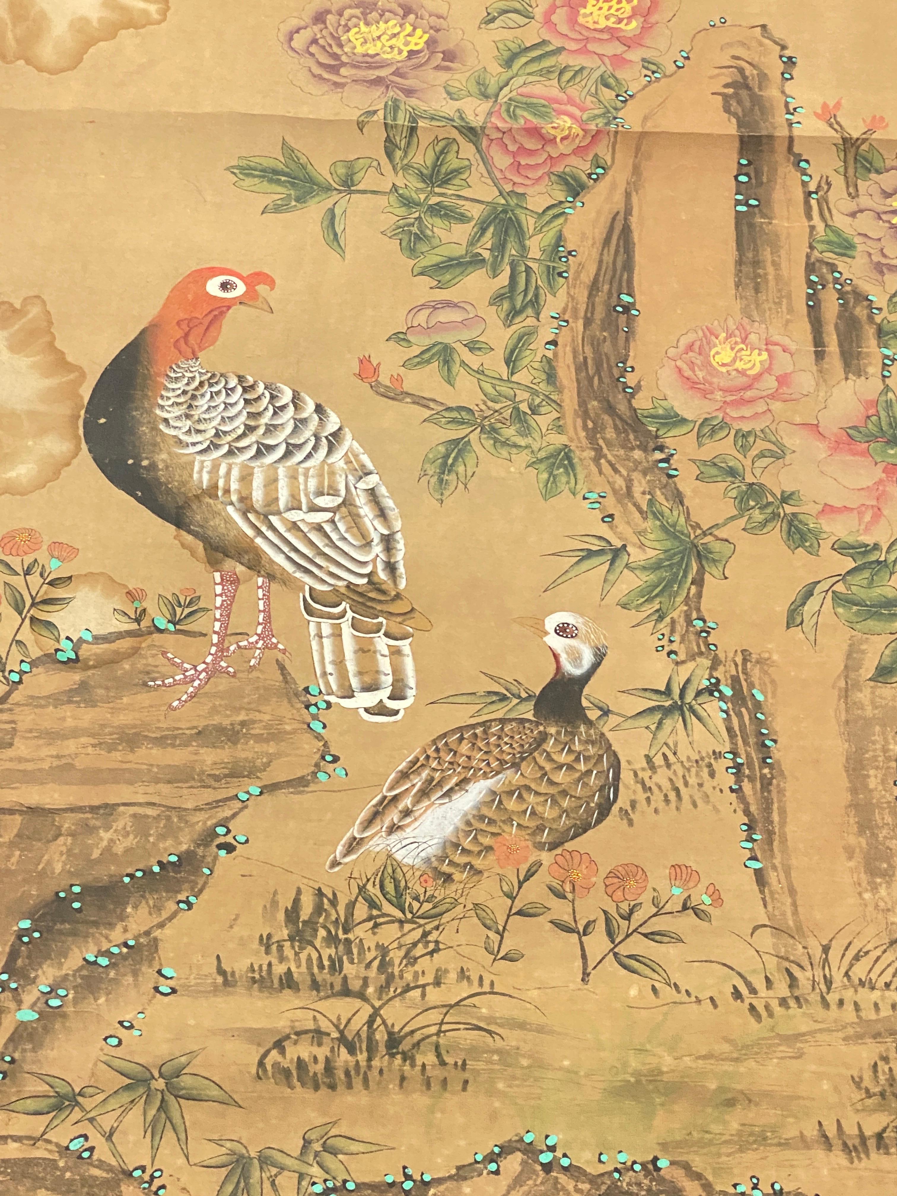 Peint à la main Peinture chinoise sur papier rouleau, Chine, 19e siècle, décor d'oiseaux et de nature en vente