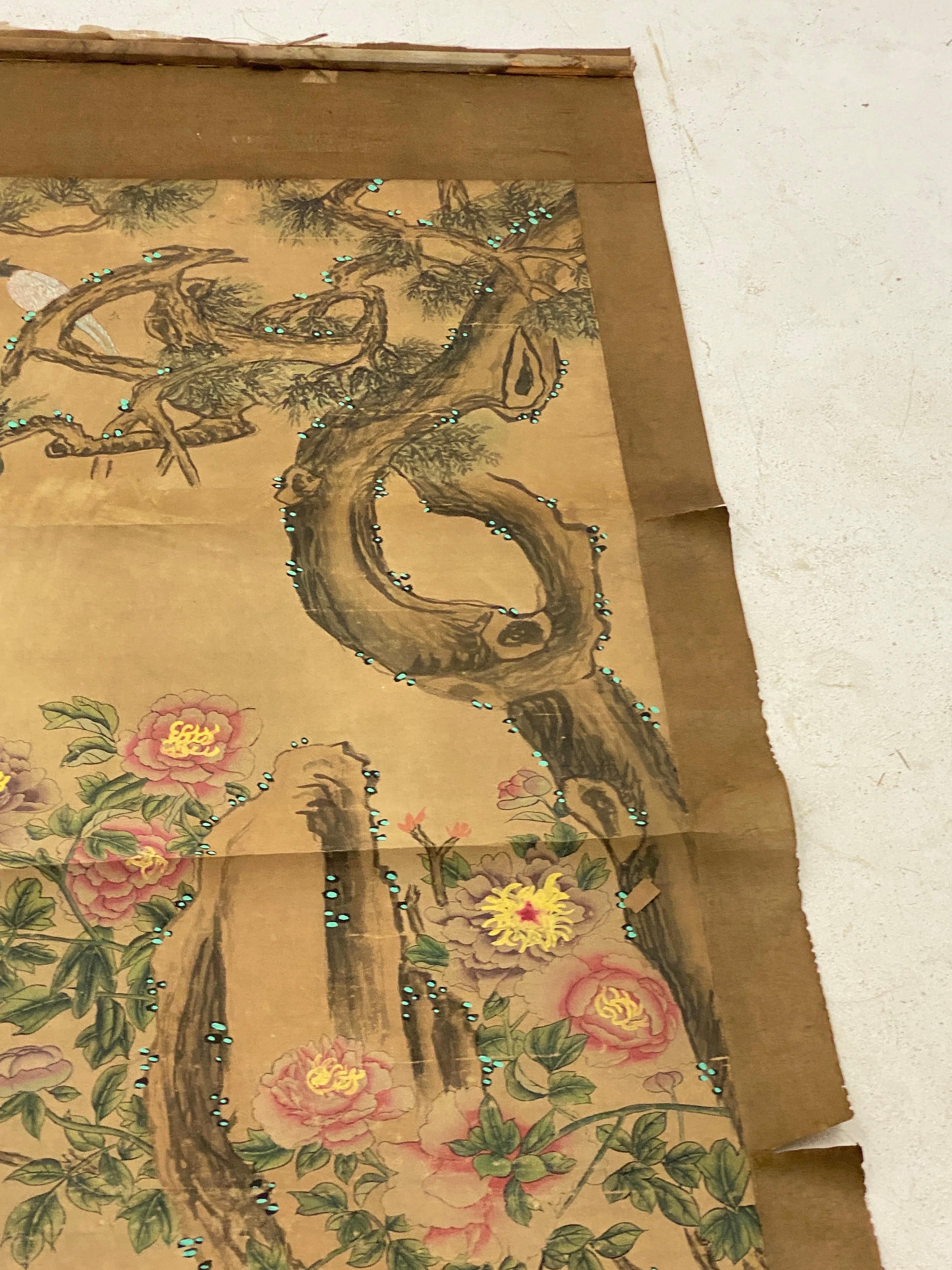 Peinture chinoise sur papier rouleau, Chine, 19e siècle, décor d'oiseaux et de nature Abîmé - En vente à Auribeau sur Siagne, FR