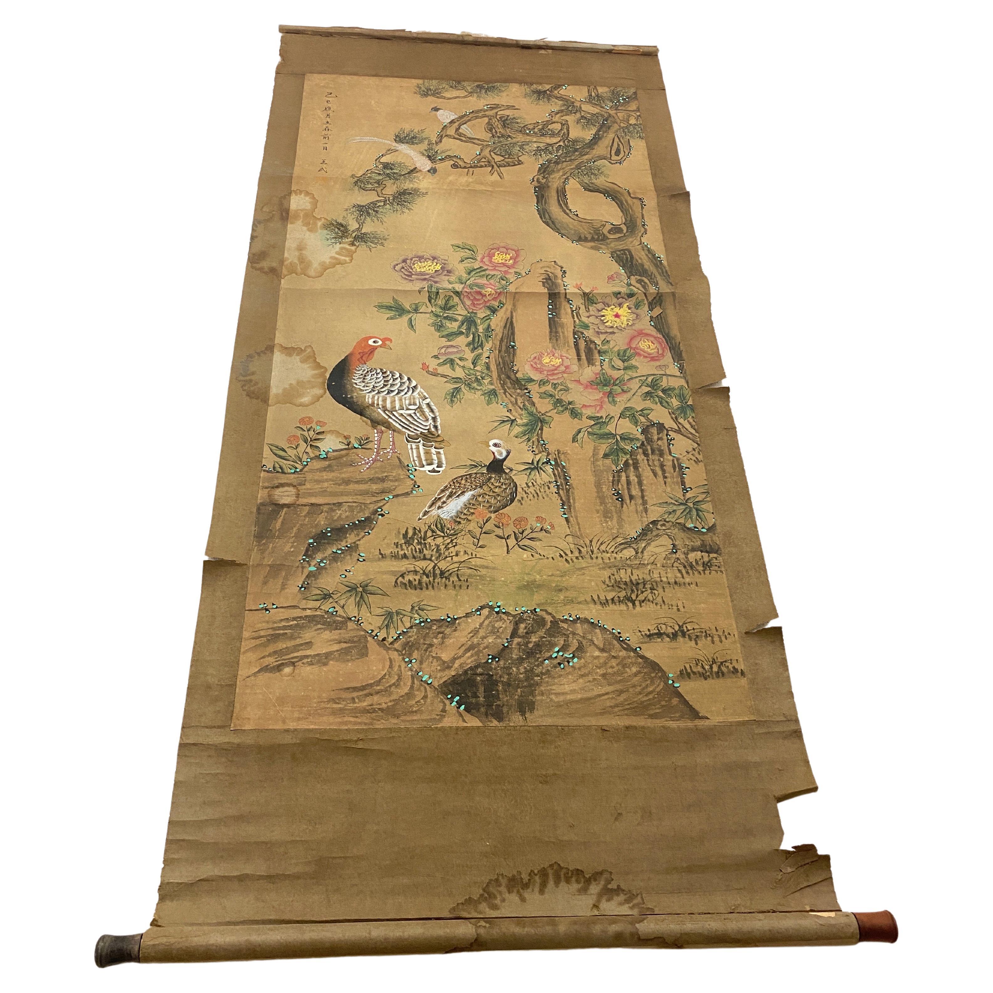 Peinture chinoise sur papier rouleau, Chine, 19e siècle, décor d'oiseaux et de nature