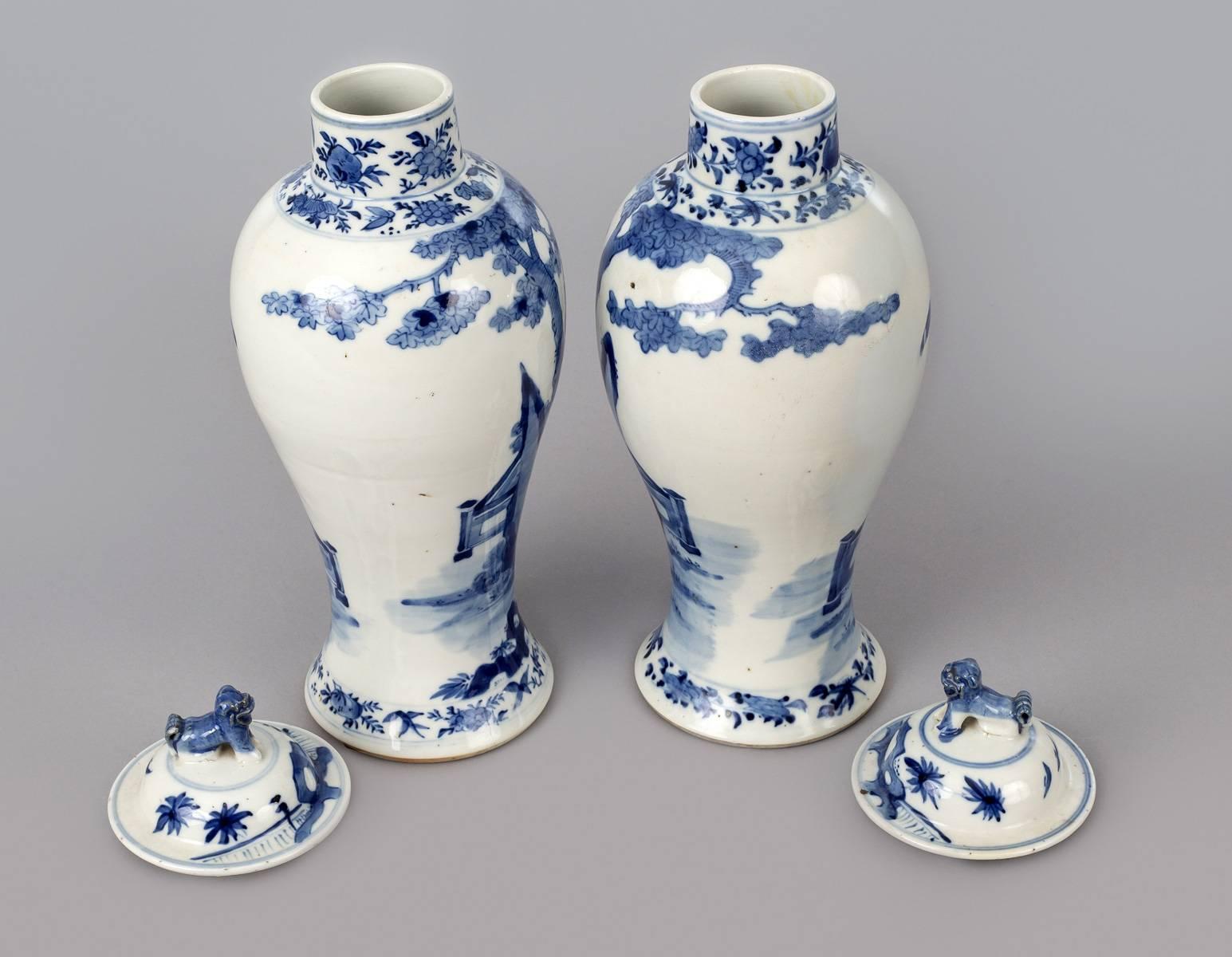 Late 19th Century Chinese Pair of Blue and White Baluster Lidded Vases For Sale