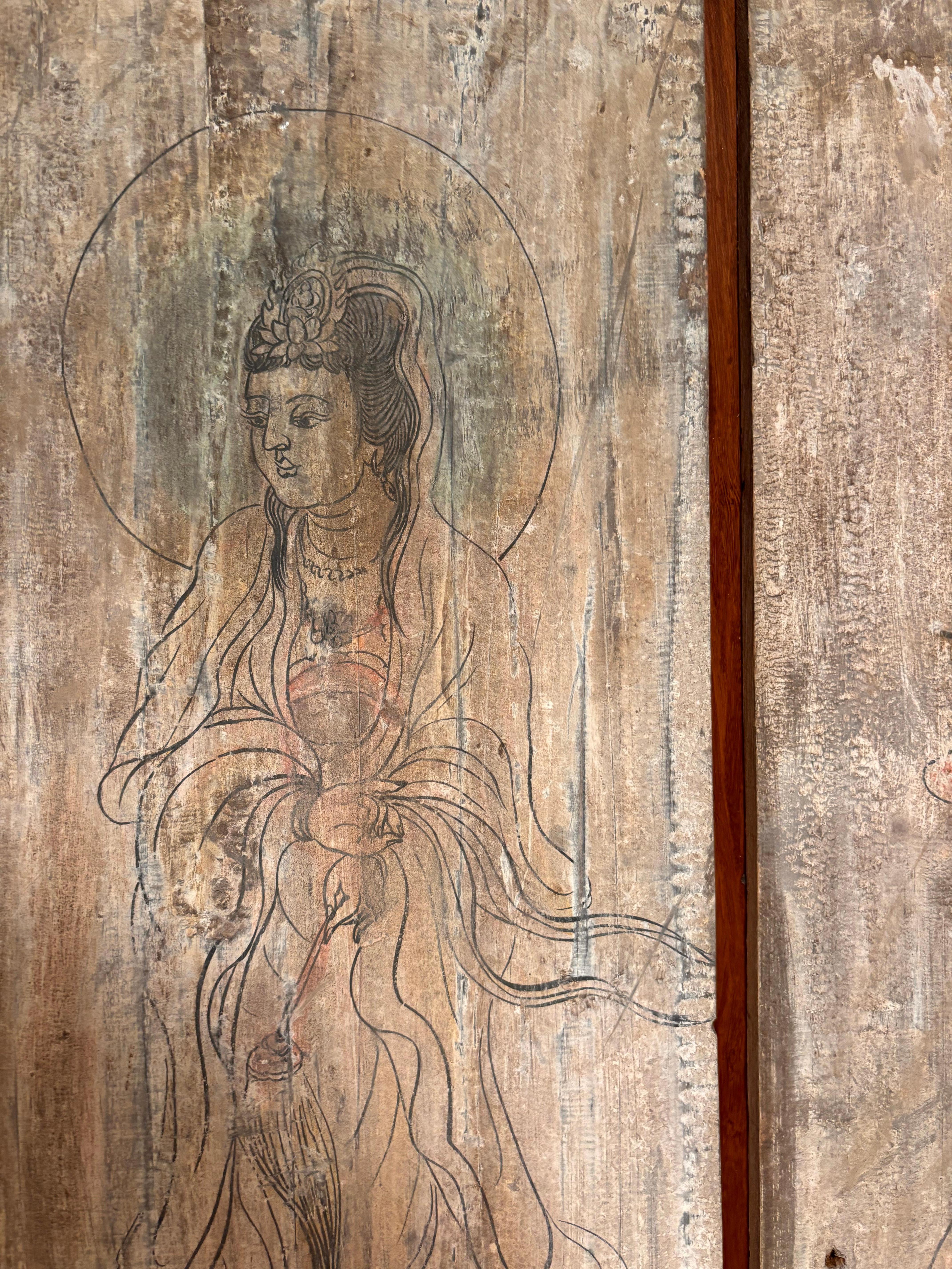 Hand-Painted Chinese Pair Buddhist Tang Bodhisattvas Hand Painted Old Wood Plaques For Sale