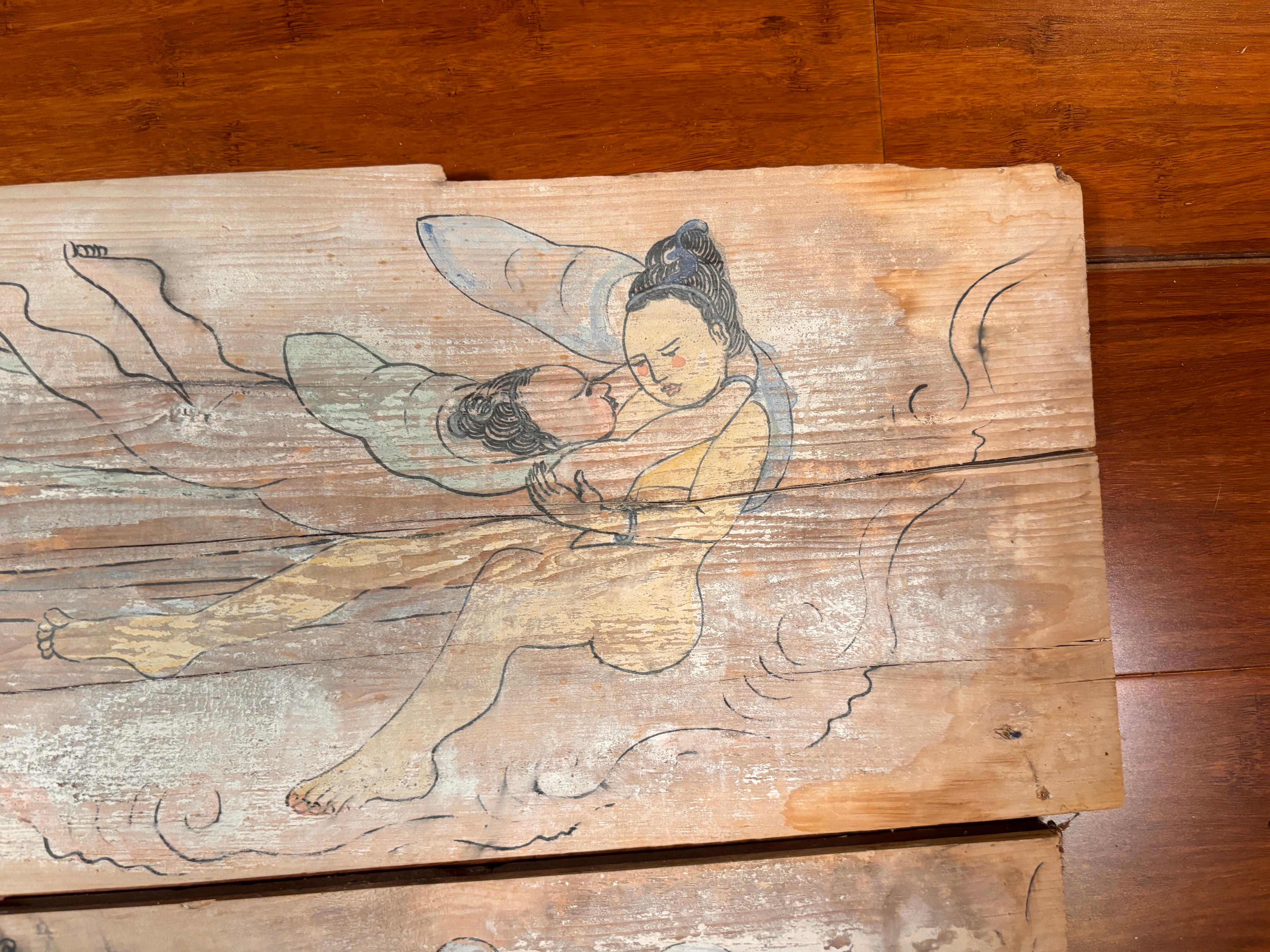 Hand-Painted Chinese Pair Buddhist Tang Bodhisattvas Hand Painted Old Wood Plaques For Sale