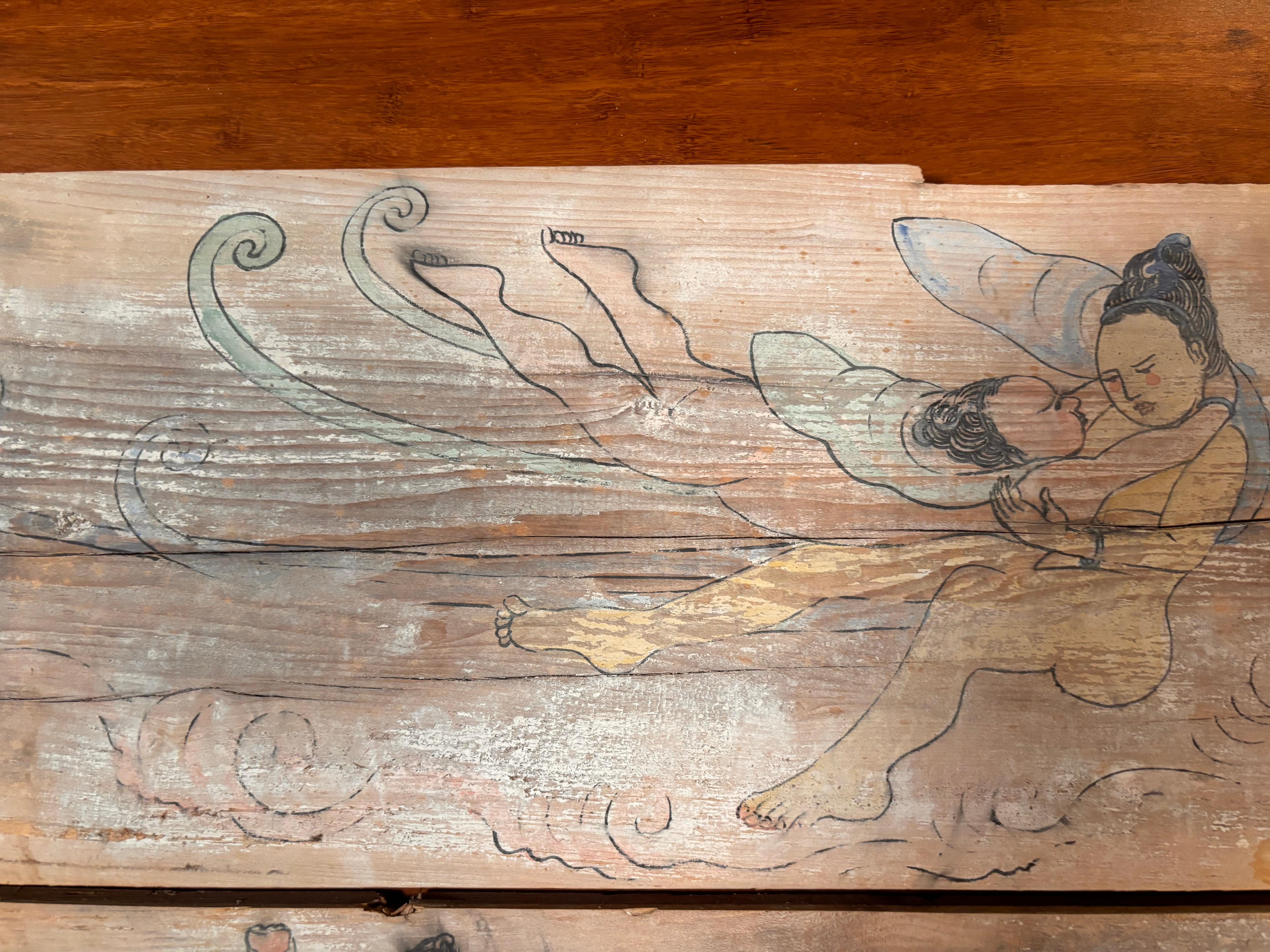 Chinese Pair Buddhist Tang Bodhisattvas Hand Painted Old Wood Plaques In Good Condition For Sale In South Burlington, VT