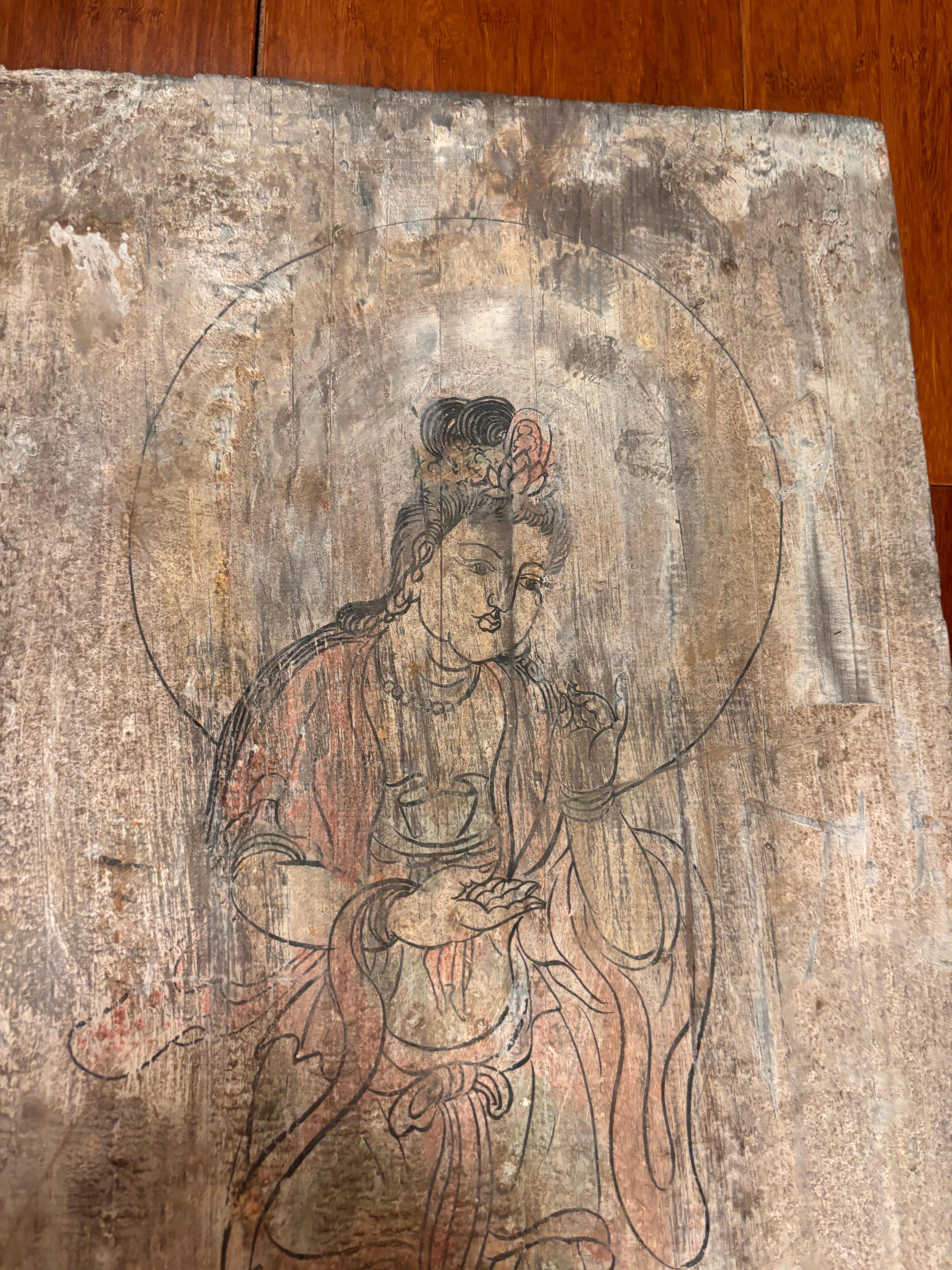 20th Century Chinese Pair Buddhist Tang Bodhisattvas Hand Painted Old Wood Plaques For Sale