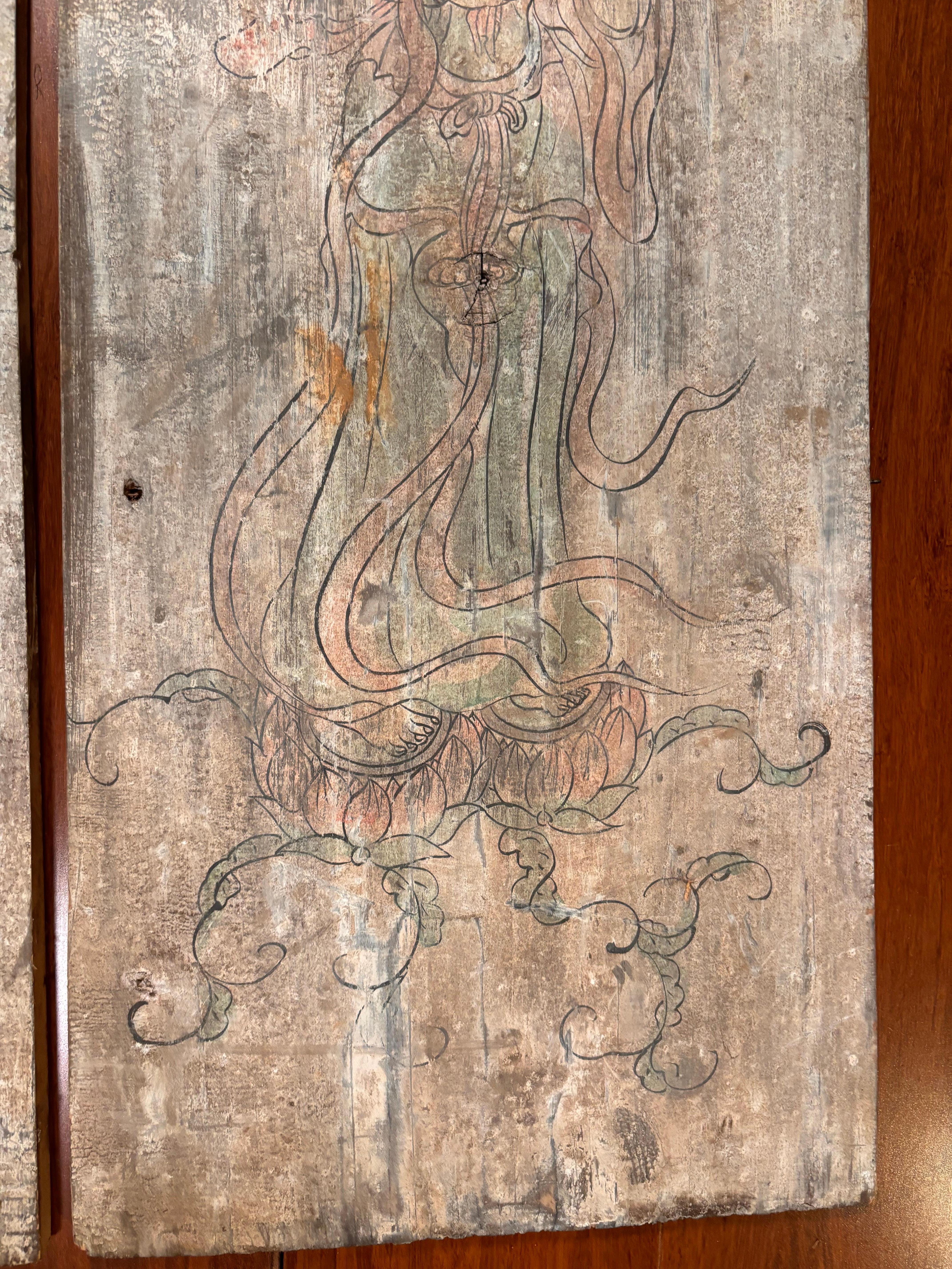 Chinese Pair Buddhist Tang Bodhisattvas Hand Painted Old Wood Plaques For Sale 1